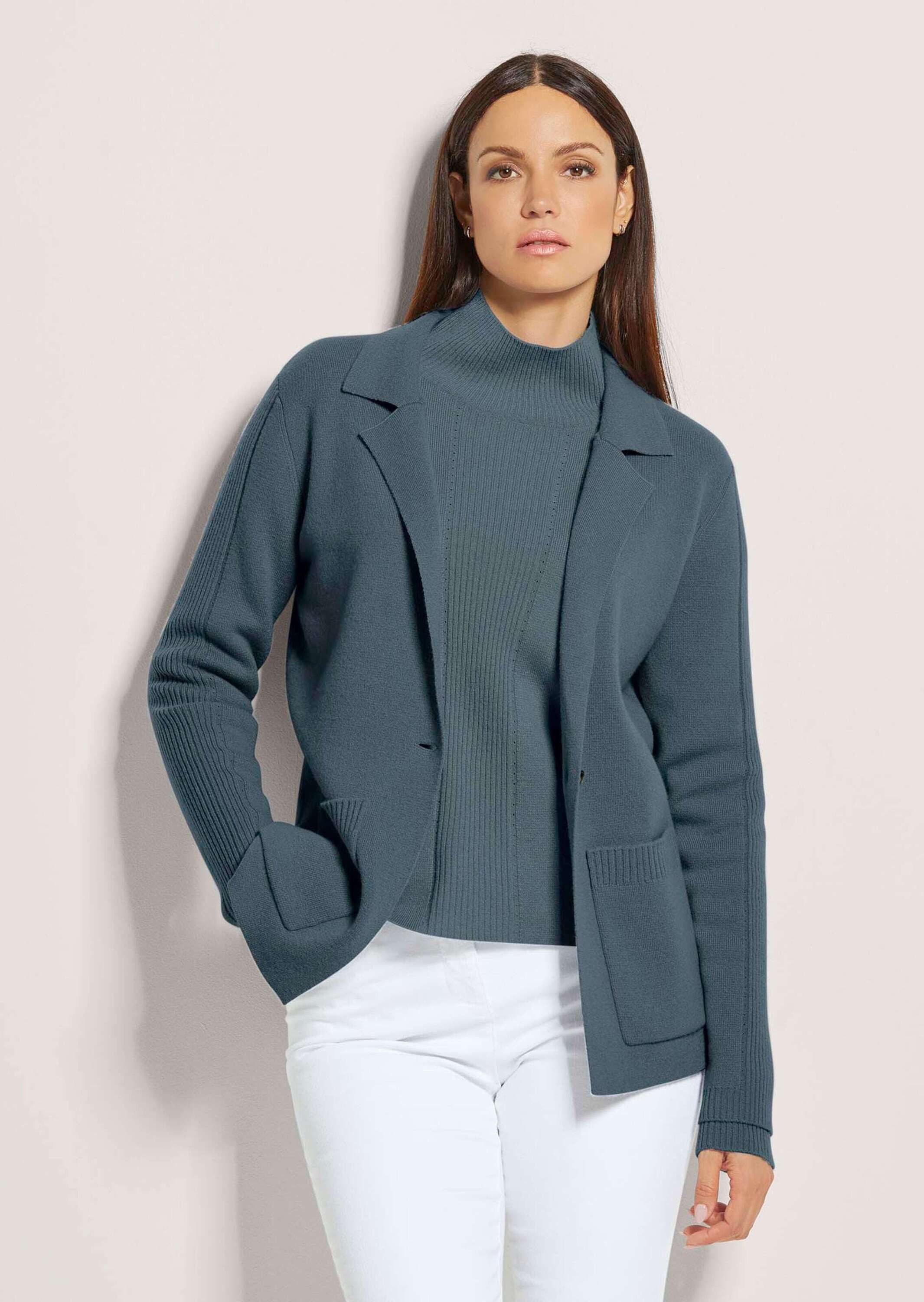 MADELEINE Strickjacke Strickjacke aus Merinowolle und Kaschmir Blazer mit Reverskragen, Pointelle-Muster, 1-Knopf-Verschluss