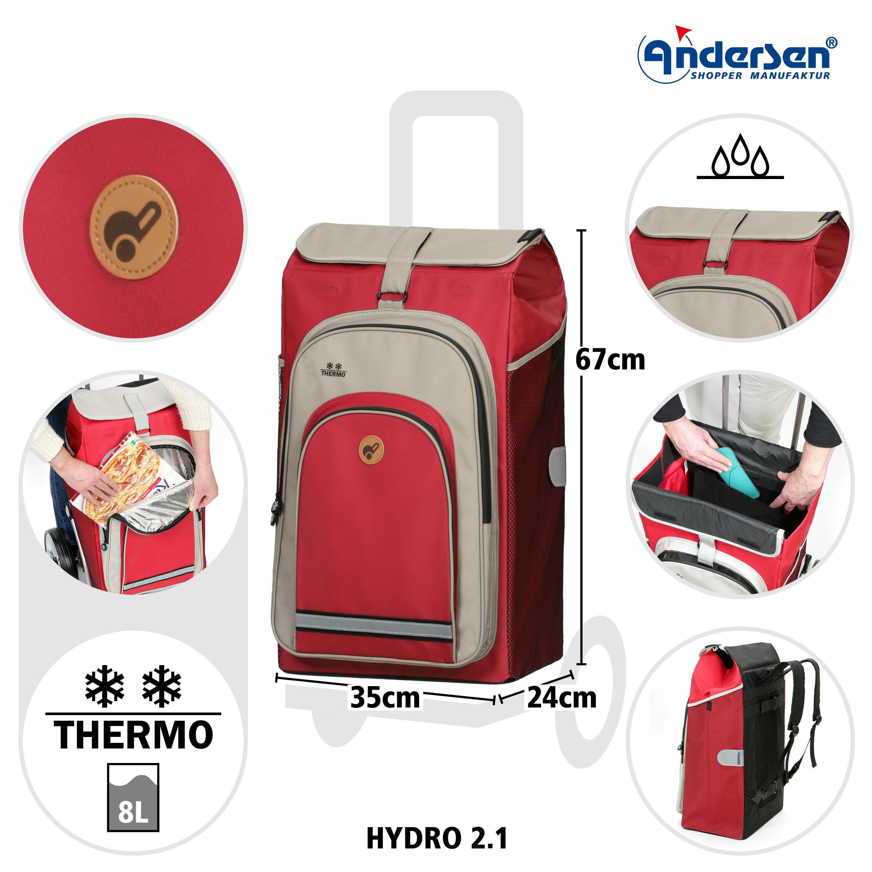 Andersen Einkaufstrolley Tasche Hydro 2.1 rot, Thermofach 8 Liter, wasserabweisend
