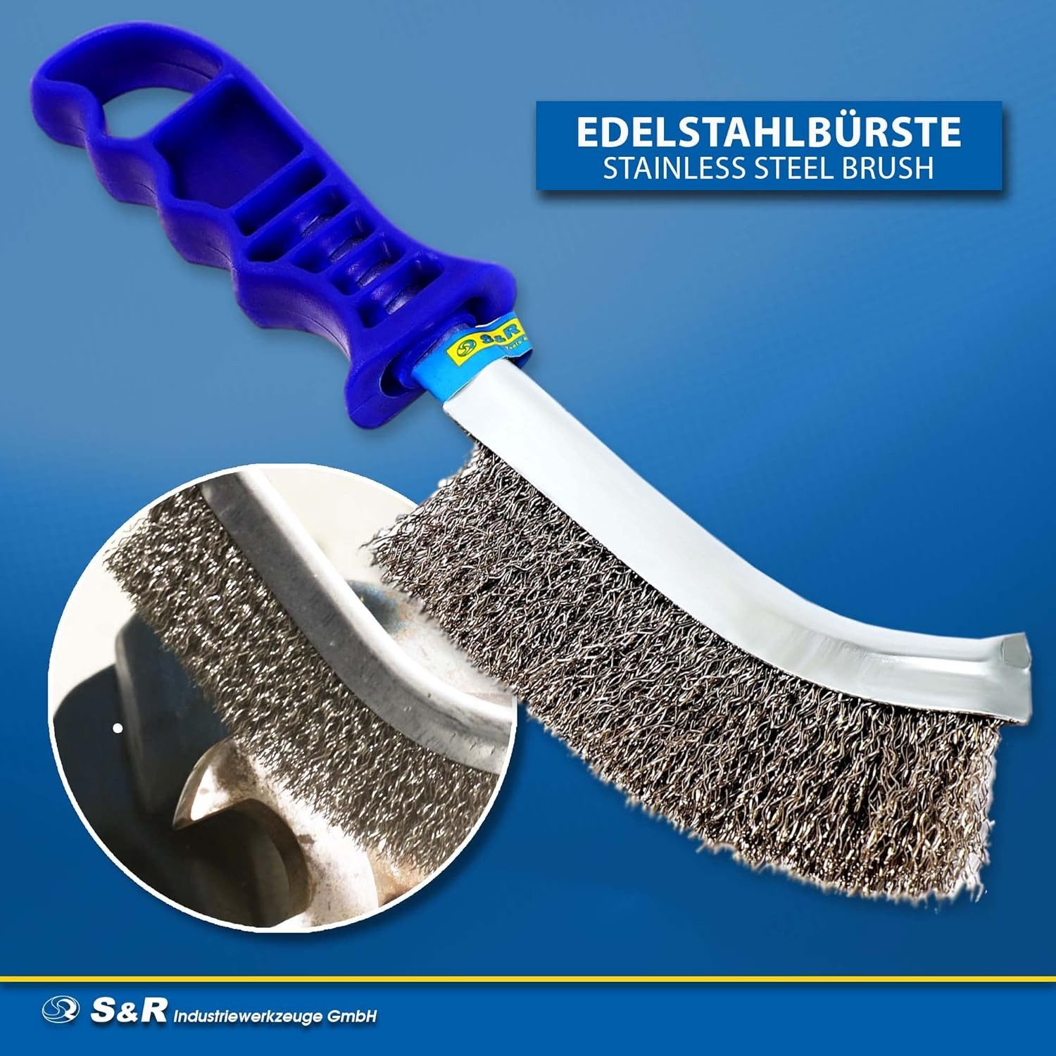 S&R Reinigungsbürsten-Set Handdrahtbürste-Set, Drahtbürste 125mm Bürste, Entgraten, Entrosten, (Set, 3-tlg., 3-teilig mit Edelstahlbürste, Messingbürste und Sta – Bild 4 von 5