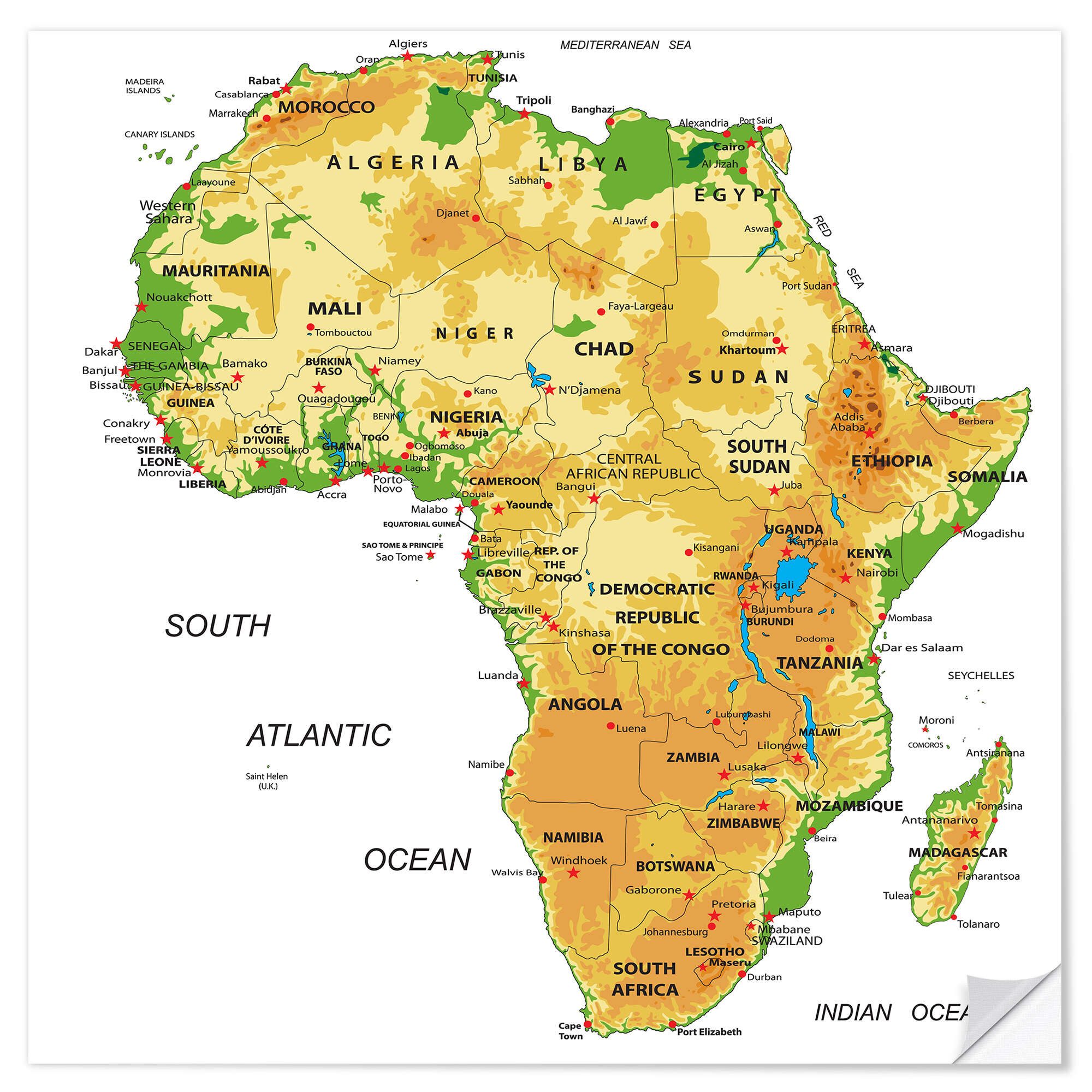 Posterlounge Wandbild Afrika - Topografische Karte (Englisch) II, Editors Choice, erhältlich als Poster, Leinwandbild, Wandsticker oder Acrylglasbild