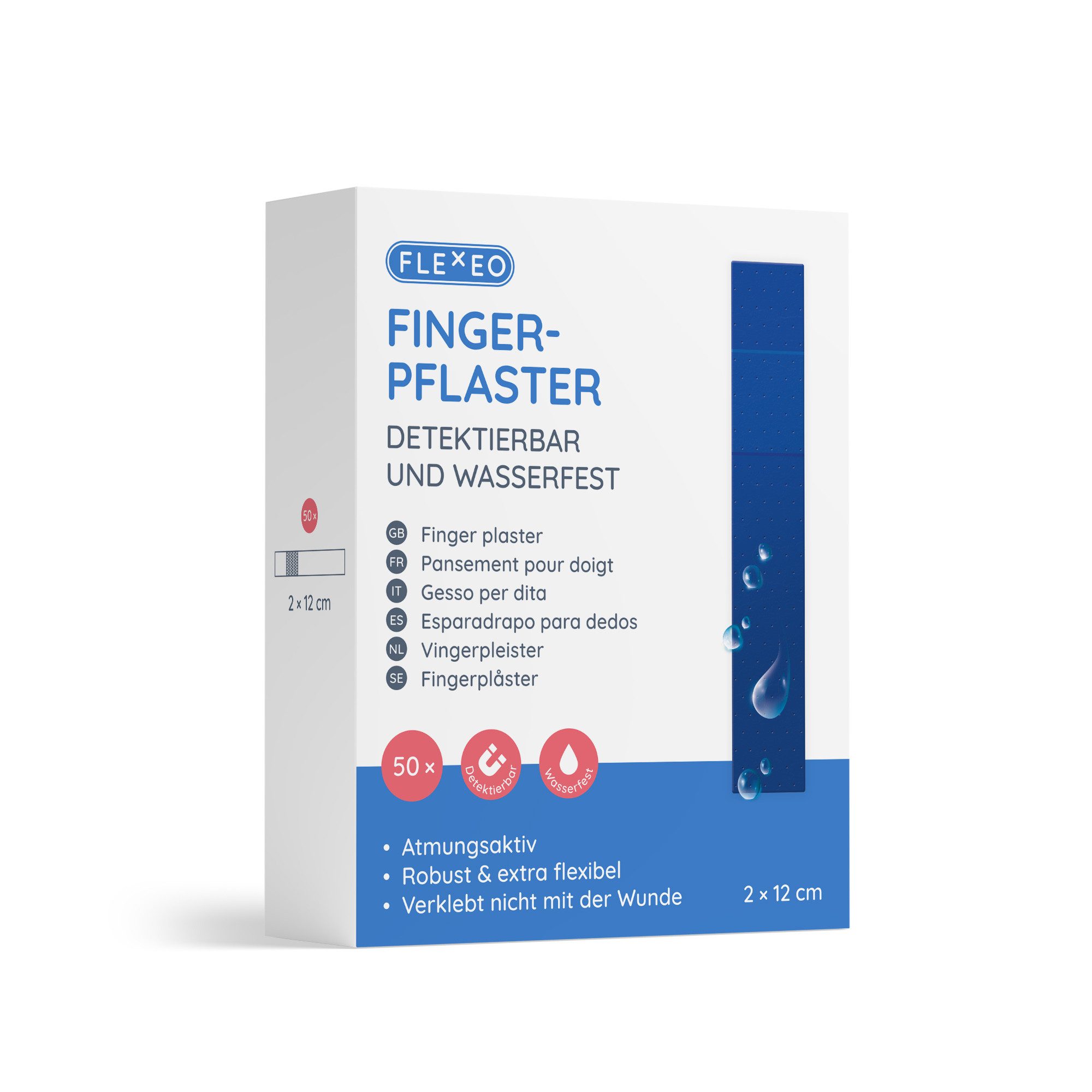 FLEXEO Wundpflaster Fingerpflaster (50 St), detektierbar wasserfest blau, 2cmx12cm