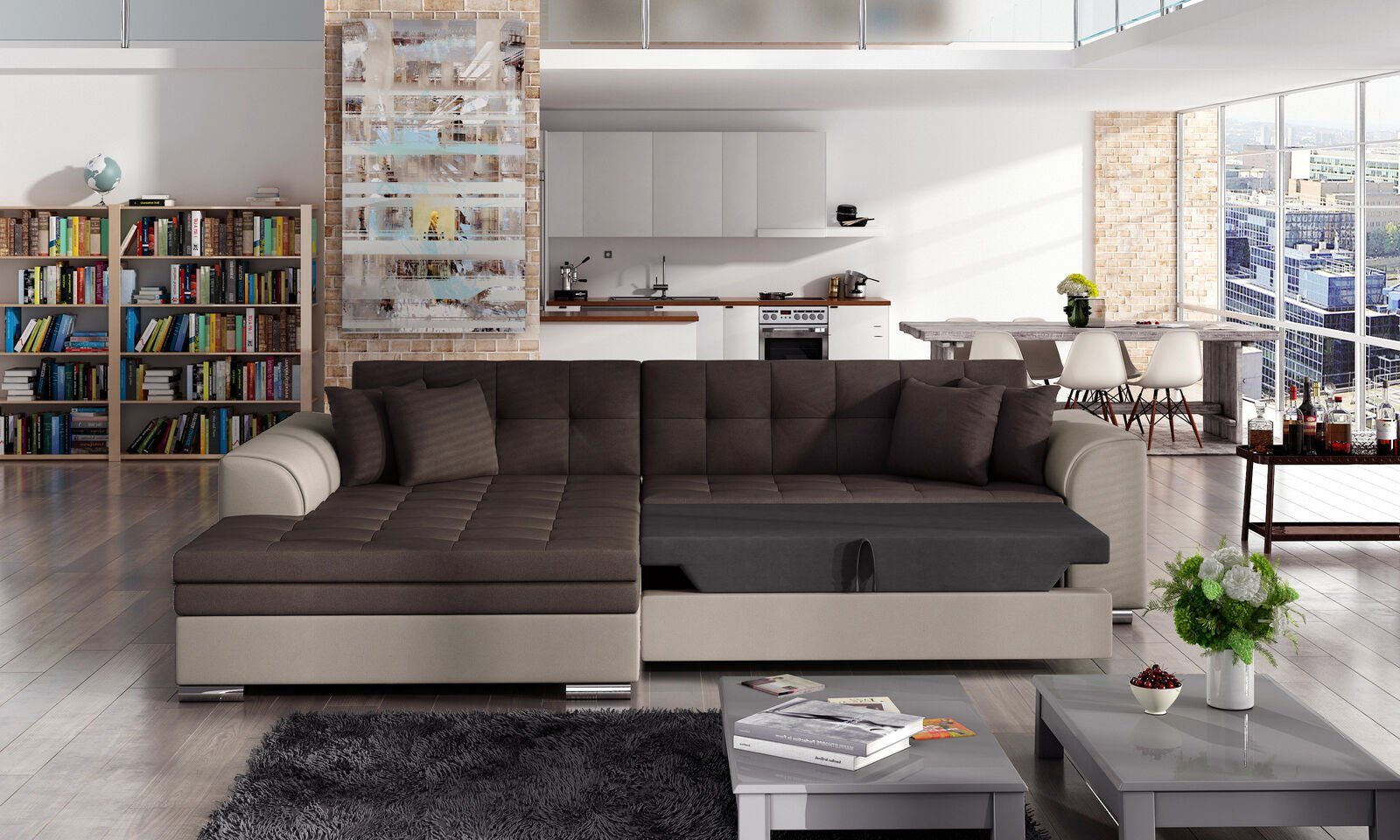 JVmoebel Ecksofa, Design Ecksofa Bettfunktion Couch Neu Polster Couchen Textil Sofas Dunkelbraun / Beige