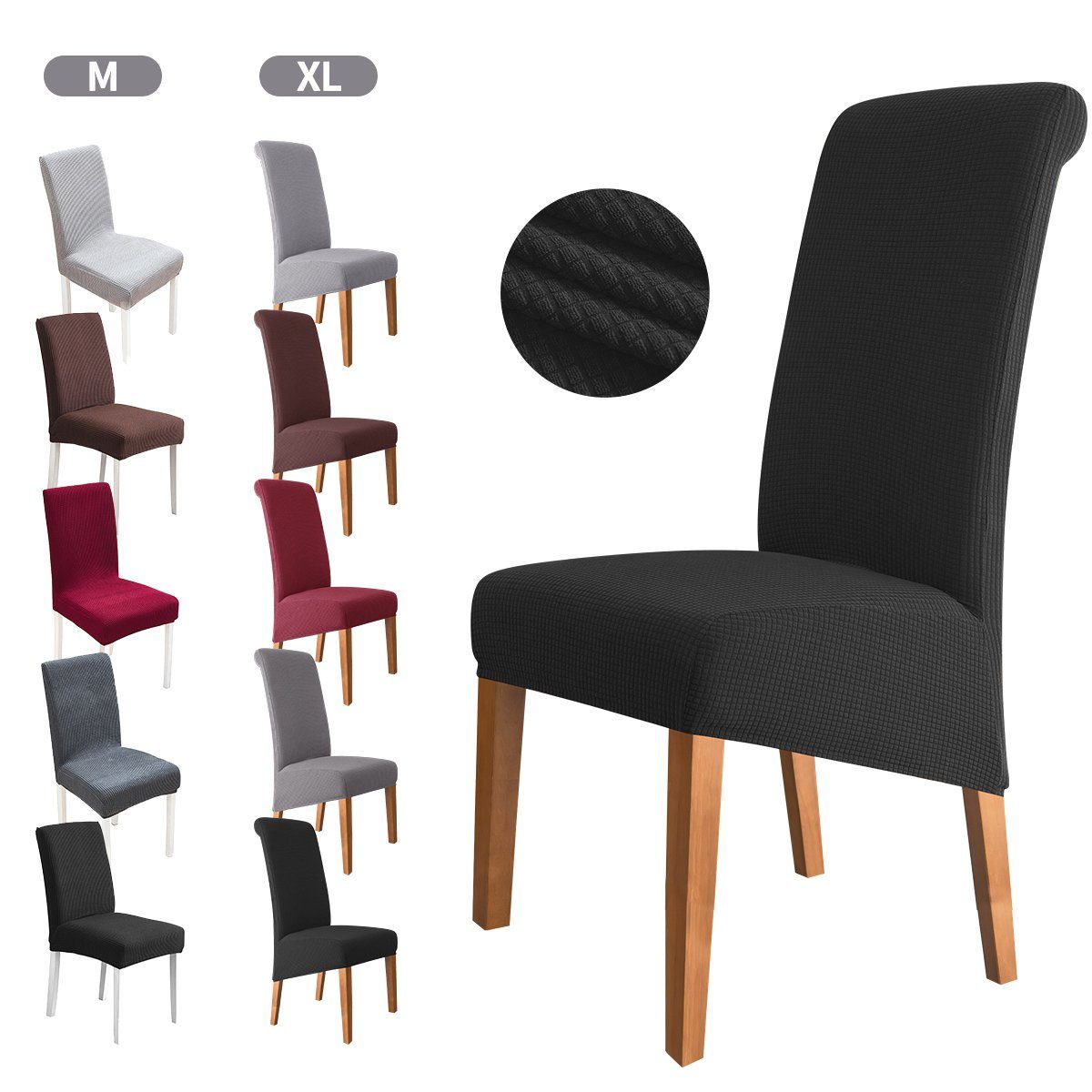 Sitzflächenhusse Stuhlhussen, Hussen für Stühle, MULISOFT, Stretch Abnehmbare Waschbar Stuhlbezug mit Gummiband schwarz-XL