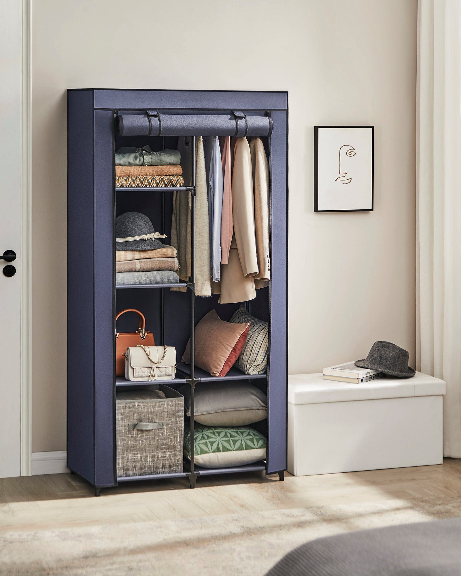 SONGMICS Kleiderschrank mit 1 Kleiderstange, 6 Ablage, Vliesstoff