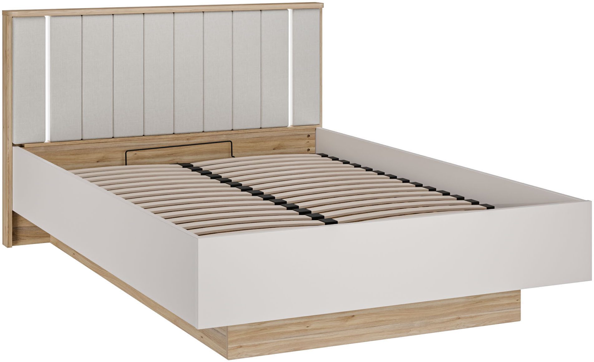 FORTE Bettgestell Forte Seravel Bettanlage 140 o.160, Lamellenoptik, warme Holznuancen, inklusive Beleuchtung, aufklappbarer Lattenrost, Stauraum