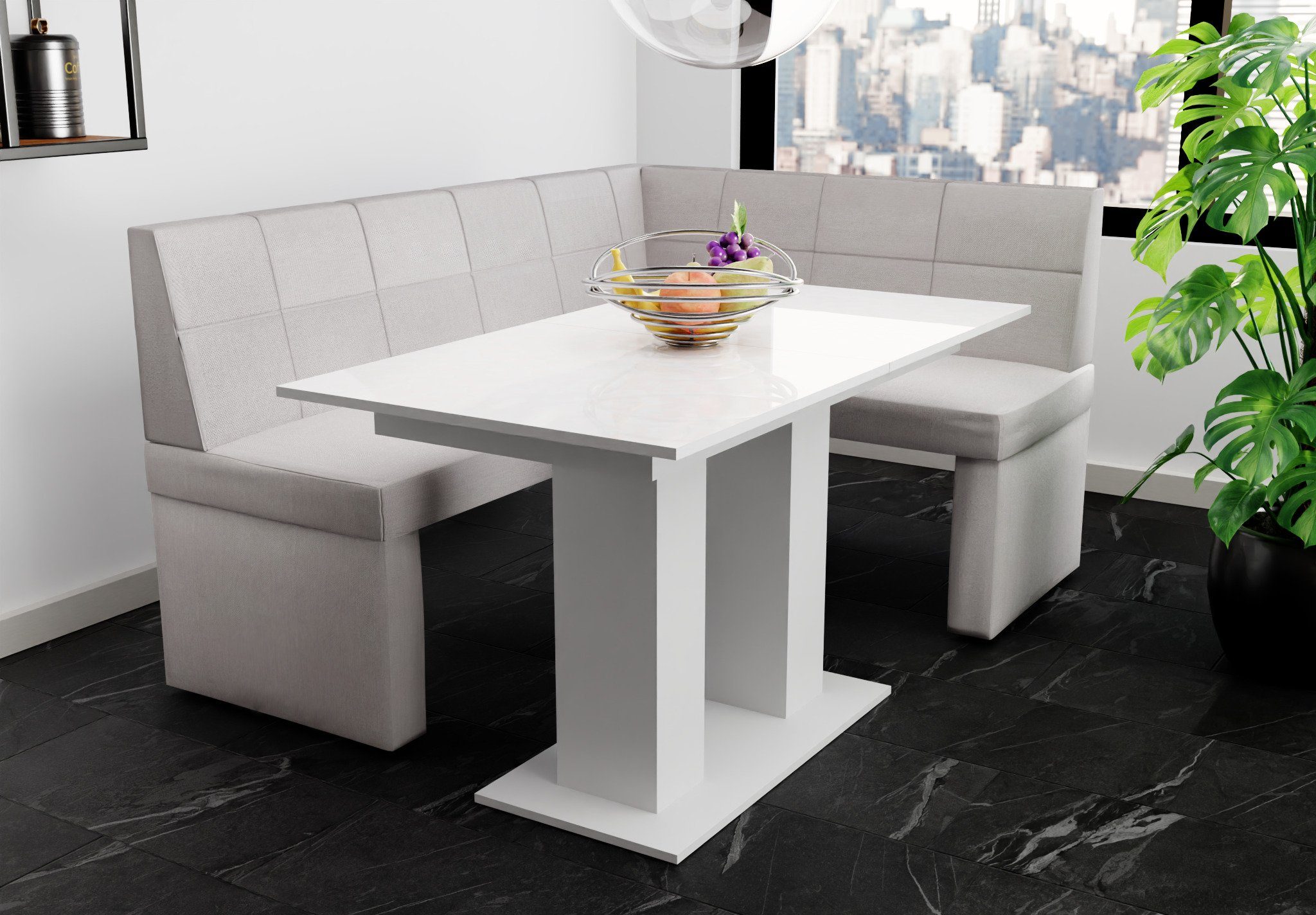 ausziehbarer Möbel Eckbankgruppe Tisch mit Hochglanz, „BLAKE XL“ Tisch Fun Weiß Eckbankgruppe 196x142cm Größe