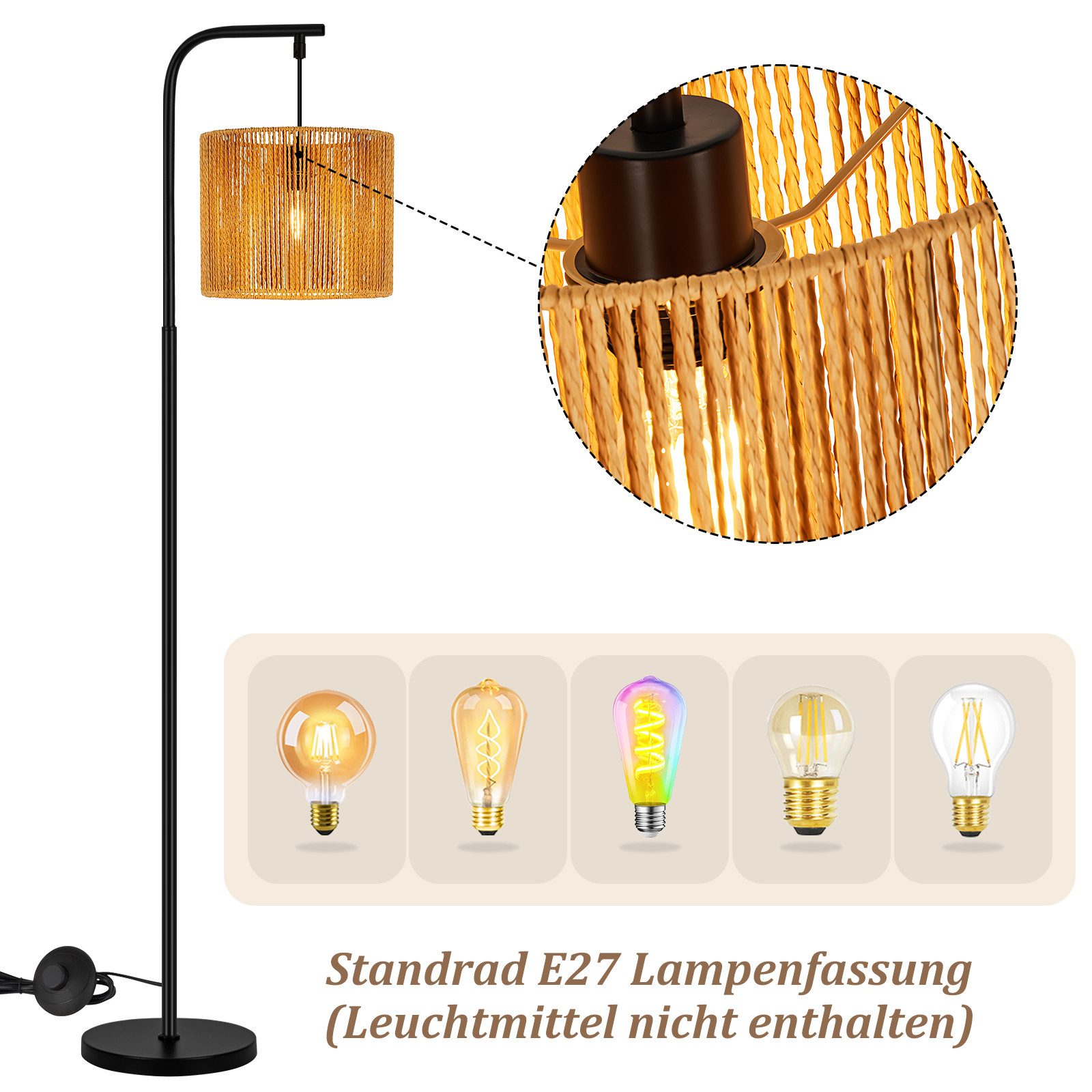 Nettlife Stehlampe Schwarz Vintage rattan Boho Standleuchte Fußschalter 164cm Bogenlampe, ohne Leuchtmittel, Leselampe für Schlafzimmer Terrasse Büro - E27 Fass – Bild 4 von 5