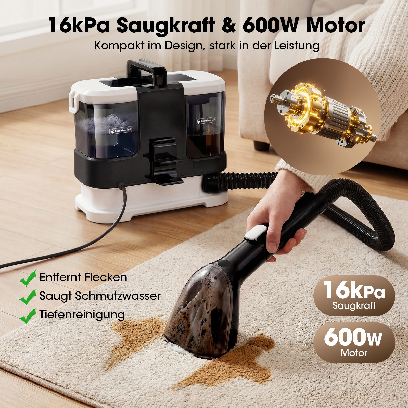 lubluelu Teppichreinigungsgerät V2 Teppichreiniger Waschsauger mit Heizfunktion Fleckenreiniger, 600 W, beutellos, mit 16000pa Saugkraft, für Sofas, Teppiche und Autositze