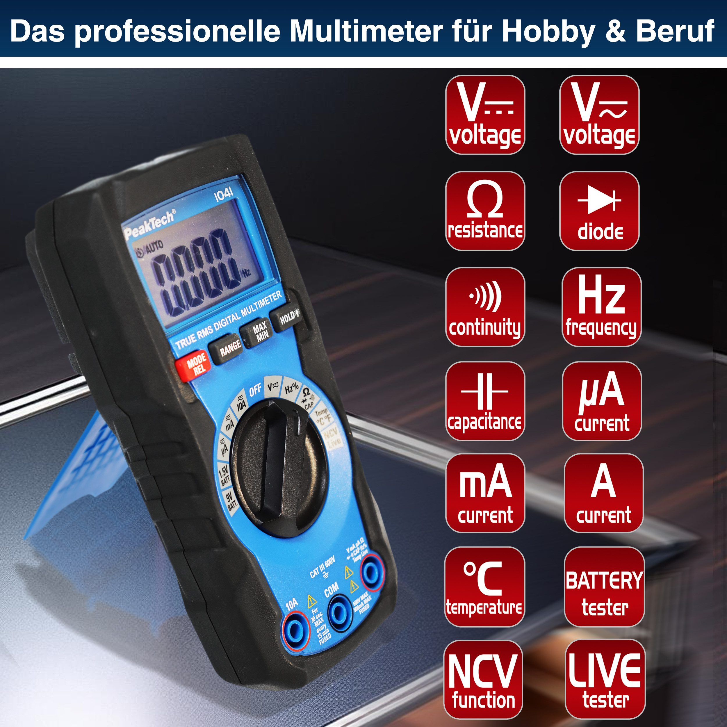 PeakTech Multimeter TRMS Digital DMM, Auto-Range, 4.000 Counts