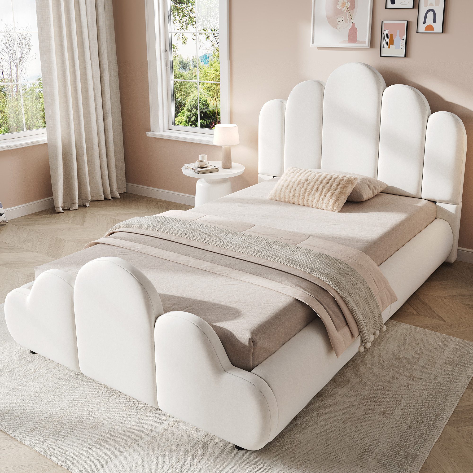 HAUSS SPOLE Polsterbett 90x200 Einzelbett aus samt mit gepolstertes Kopfteil,Kinderbett,Beige (Funktionsbett Kinderbett mit wolkenförmiger Gestaltung für Kinderzimmer, ohne Matratze), Samt Jugendbett mit abgerundeten Ecken