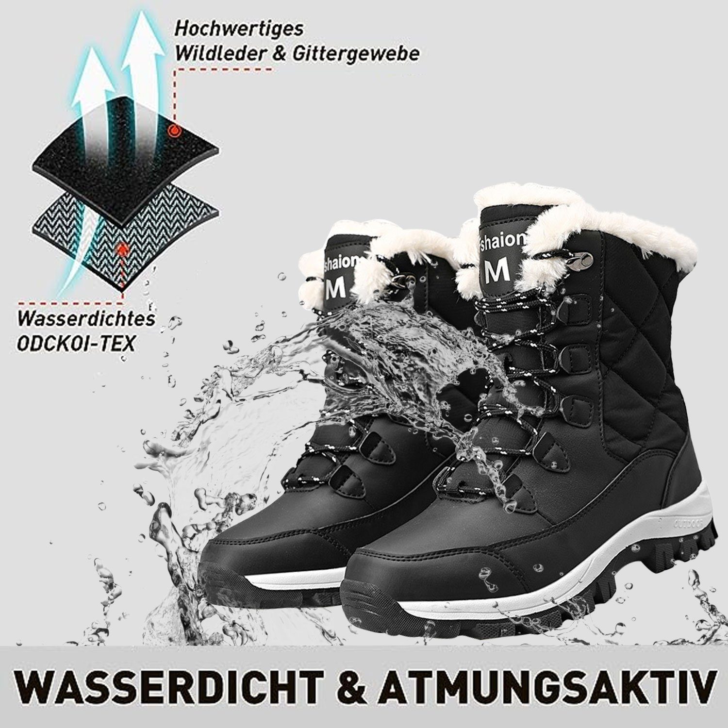 Schwarz gefütterte Wasserdicht Damen Snowboots Winterstiefel Daisred Warm