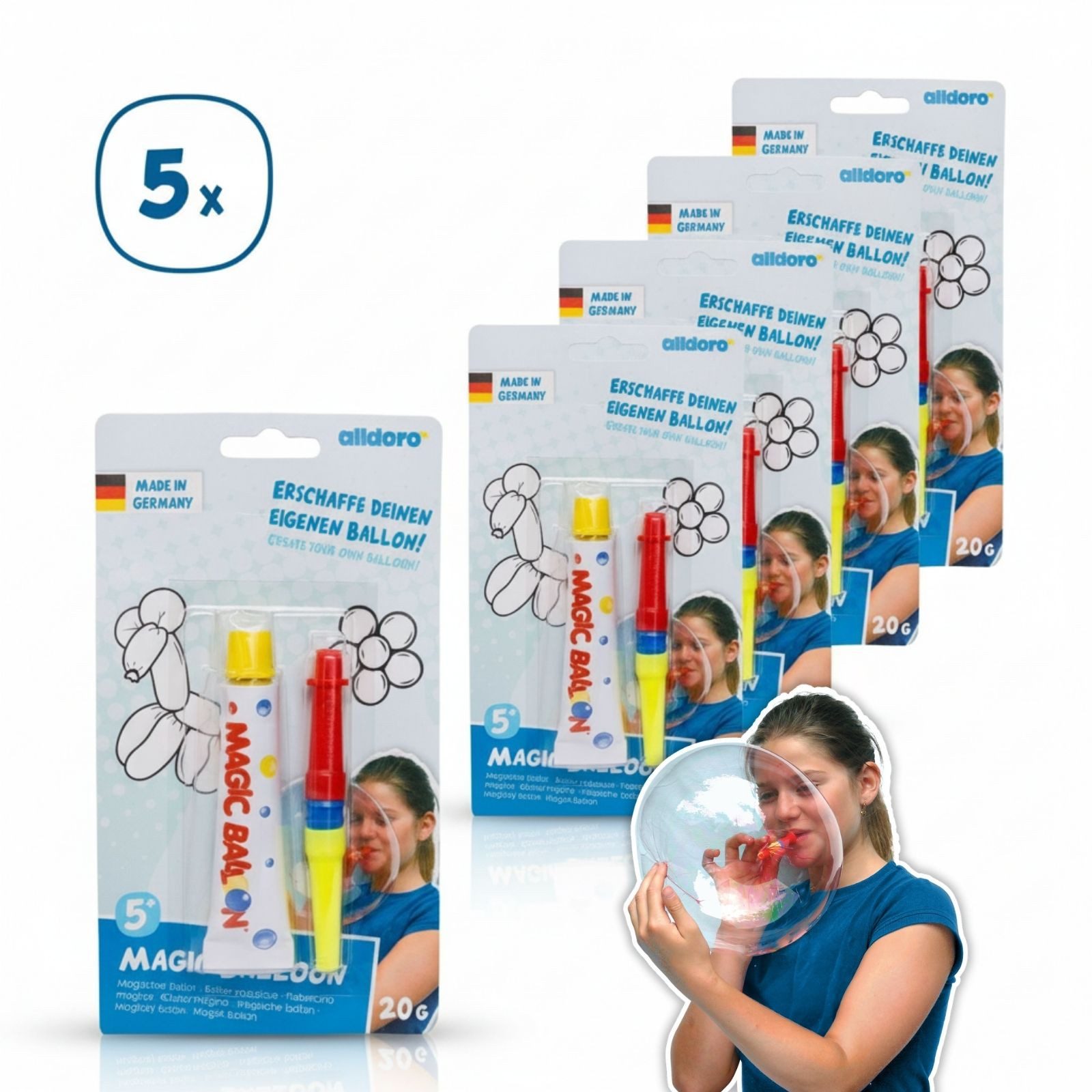 alldoro Kreativset Magic Balloon Ballonpaste – 5er Set, DIY Ballonkunst, ab 5 Jahren, Gelartige Paste mit Pustestäbchen zum kreativen Formen von Luftballons