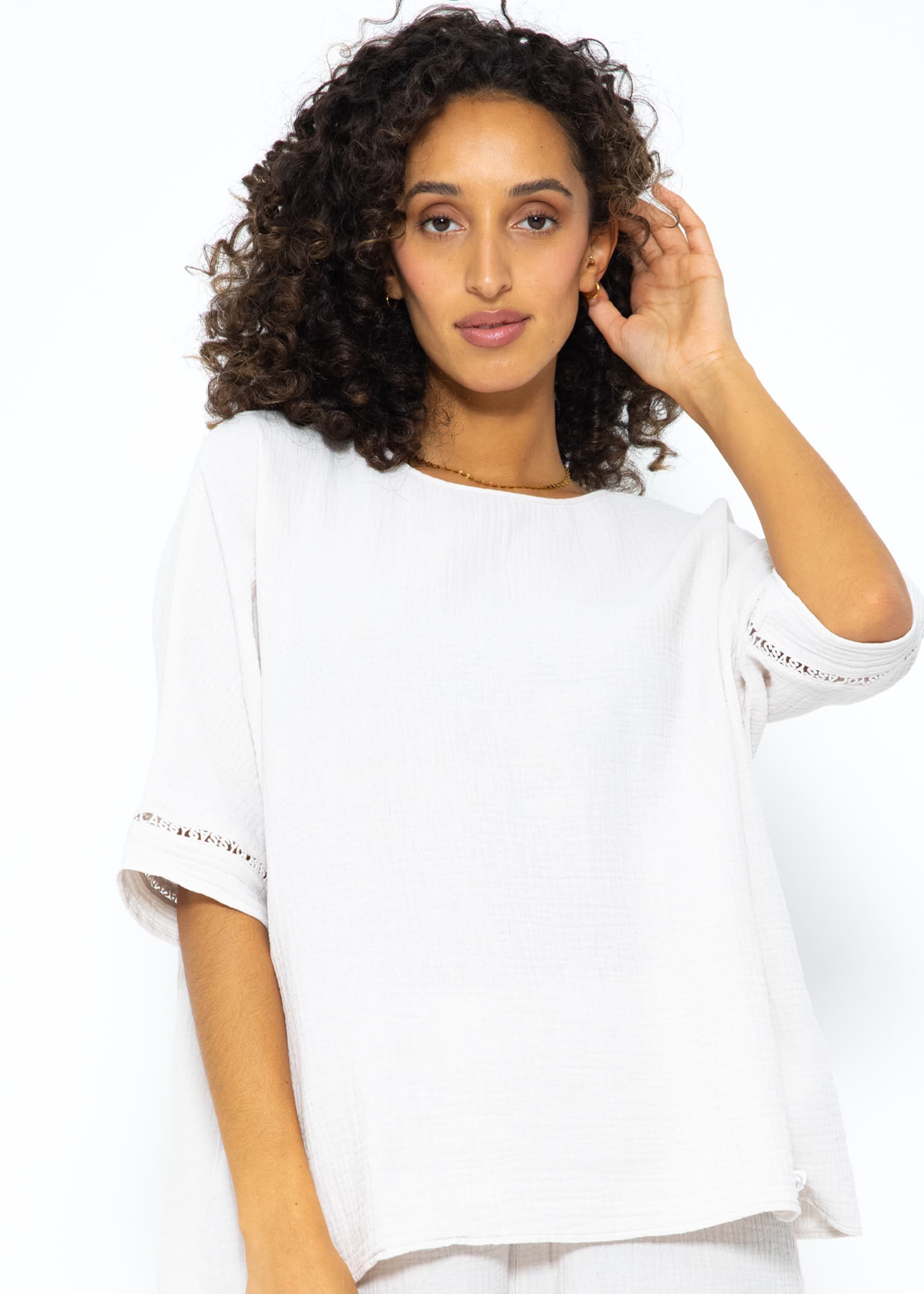 SASSYCLASSY Pyjamaoberteil Lockeres Pyjama Shirt für Damen mit Spitzenborte günstig online kaufen