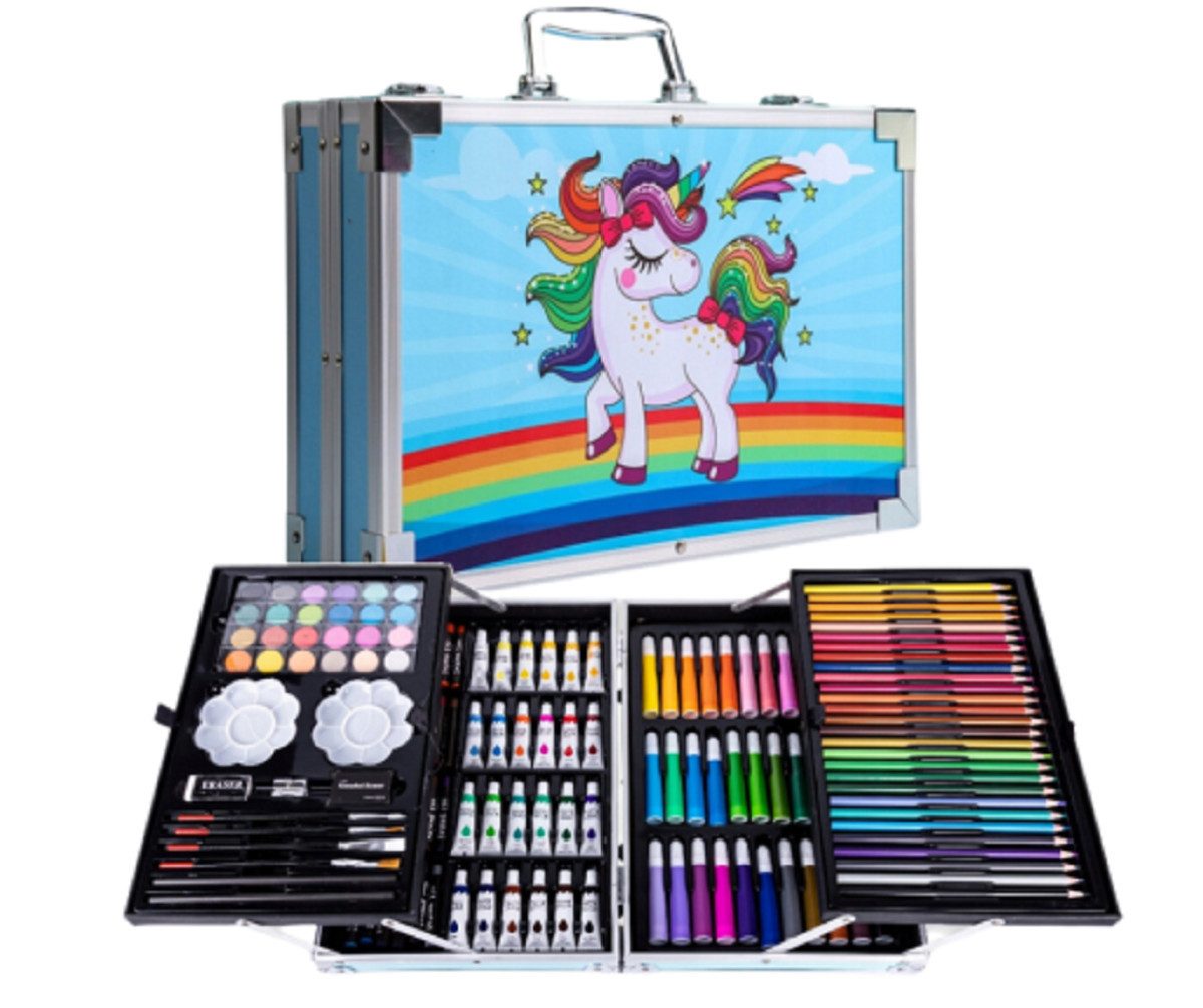 Disney Malpalette Einhorn Kinder Malset 145-teilig Blau – Malkoffer mit Stiften & Farben