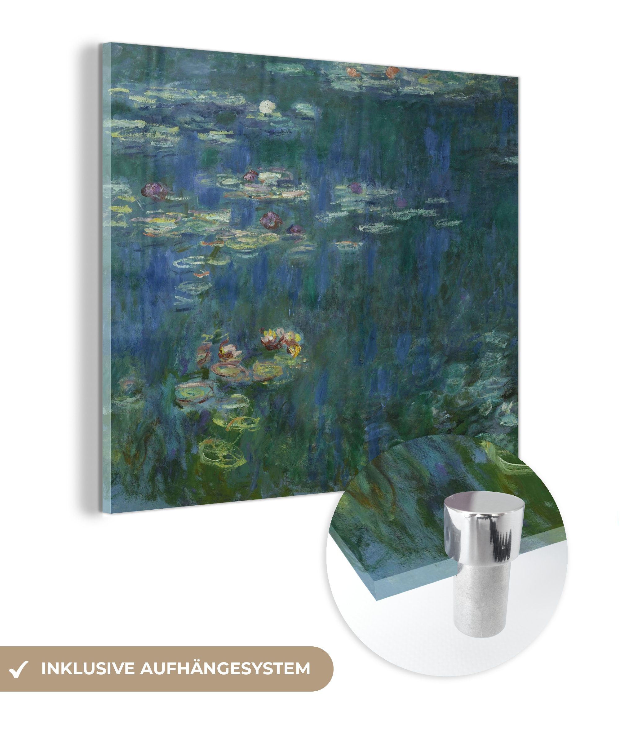 MuchoWow Acrylglasbild Seerosen grüne Reflexion - Claude Monet, (1 St), Glasbilder - Bilder auf Glas Wandbild - Foto auf Glas - Wanddekoration