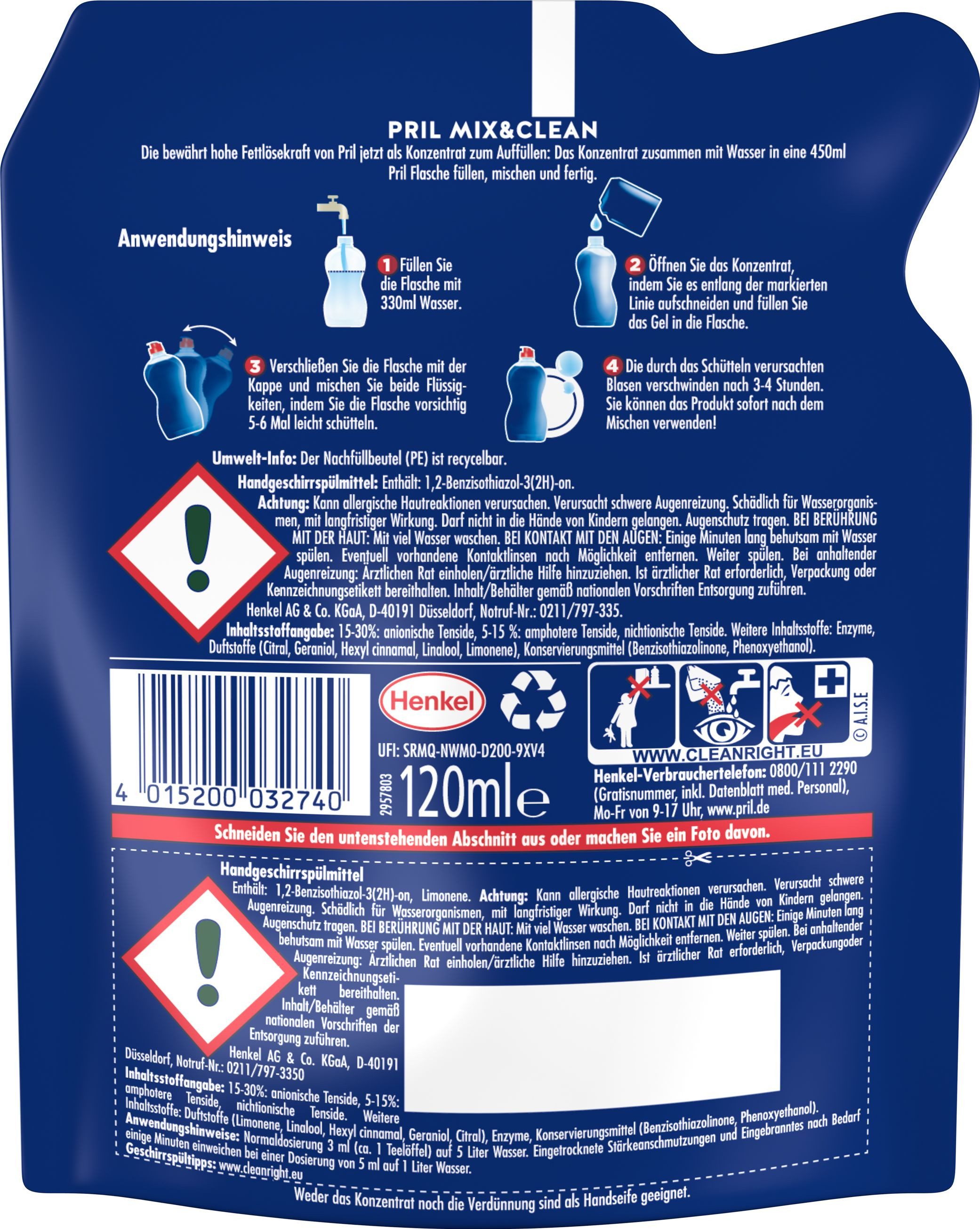 PRIL Original Konzentrat Mix & Clean 120ml Geschirrspülmittel (1-St. Spülmittelkonzentrat zum Auffüllen für -82% weniger Plastik)