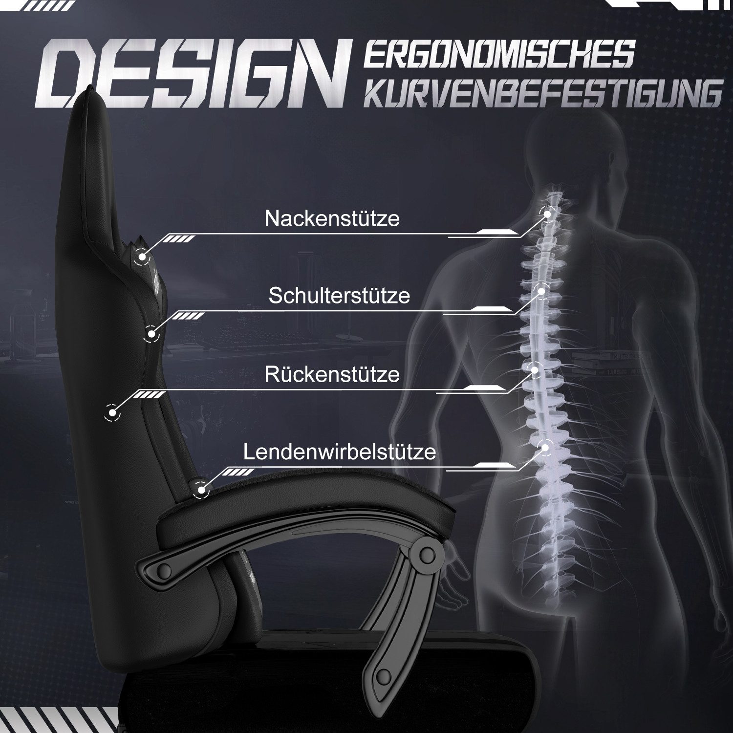 Adormii Gaming-Stuhl Gaming Stuhl ergonomisch Gaming Chair Bürostuhl verstellbare (Gaming Stuhl mit verstellbaren Lendenkissen, Armlehne und Kopfstütze, Gamer S – Bild 4 von 5