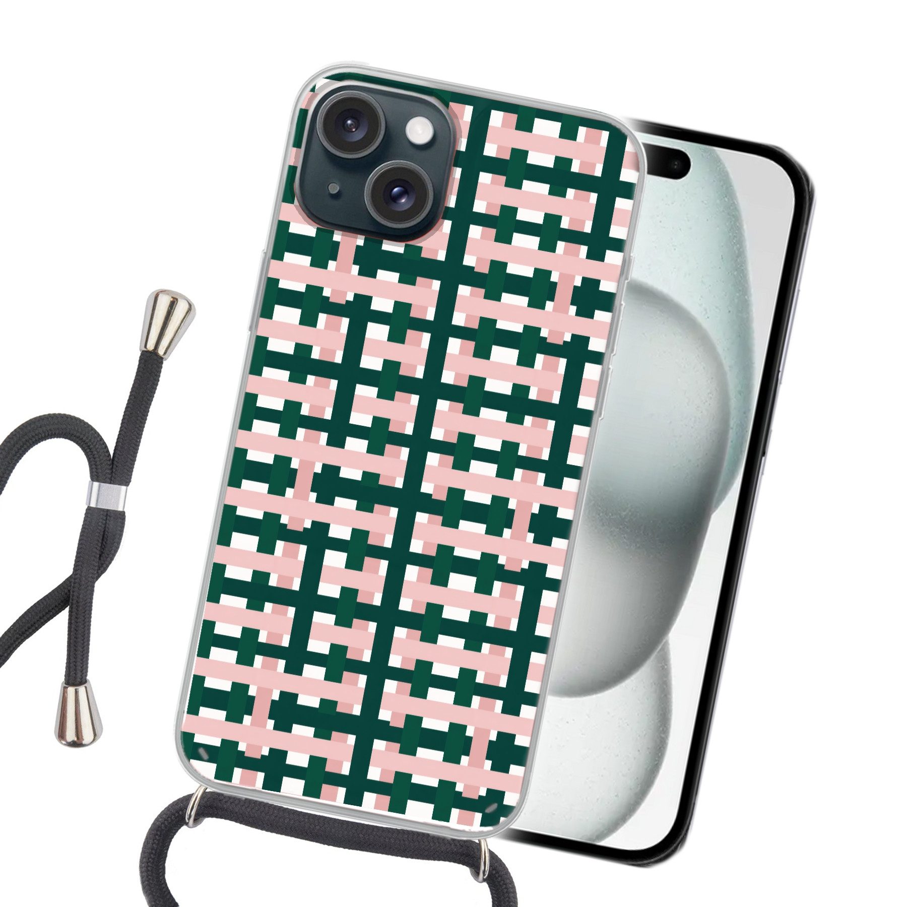 MuchoWow Handyhülle für Apple iPhone 15 Plus Zopfmuster - Grün - Rosa - Grafik, Tragbare Handyhüllen mit Kette zum umhängen, Handykette Handyband