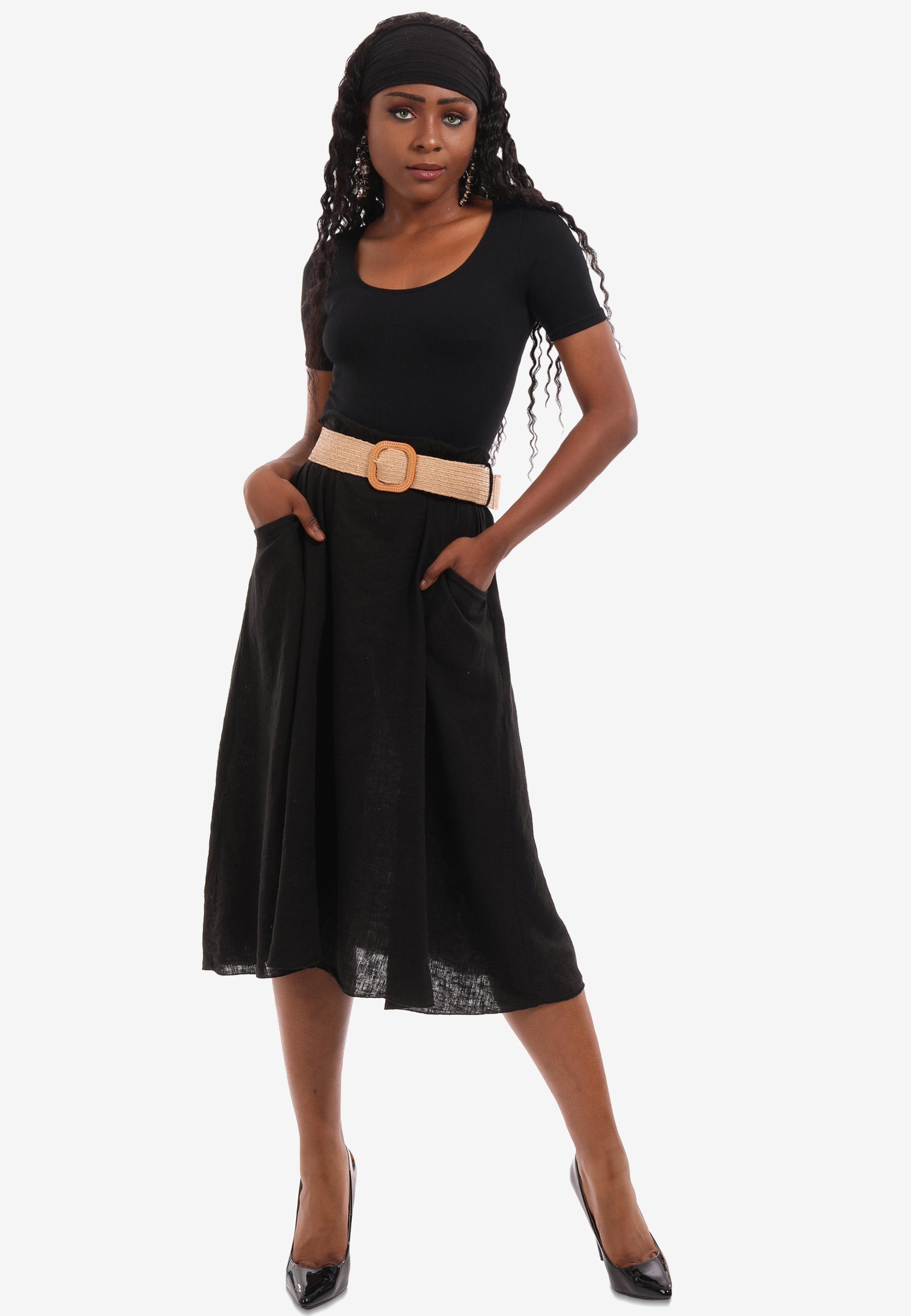 YC Fashion & Style Sommerrock Leinenrock mit breitem Gürtel, Einschubtaschen (2-tlg) in Unifarbe schwarz