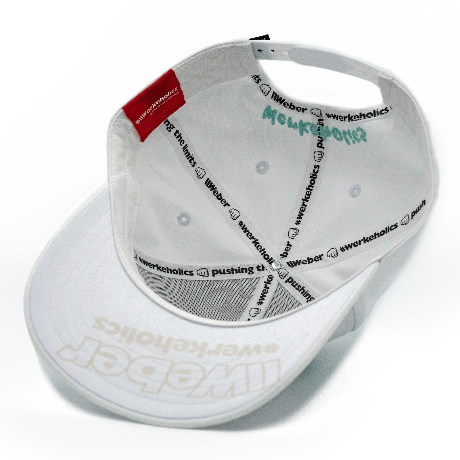 Weber GmbH Baseball Cap Weber #Werkeholics Baseball Cap weiß/türkis (1-St) basecap, mit bedrucktem Unterschirm