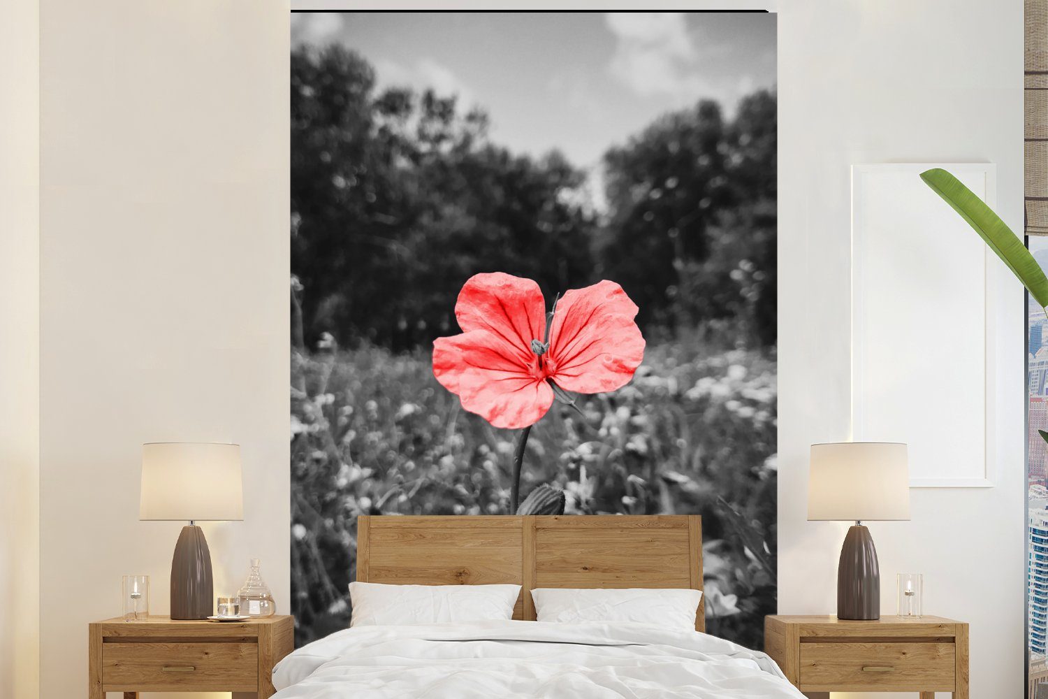 MuchoWow Fototapete Blumen - Rosa - Schwarz - Weiß, Matt, bedruckt, (3 St), Montagefertig Vinyl Tapete für Wohnzimmer, Wandtapete