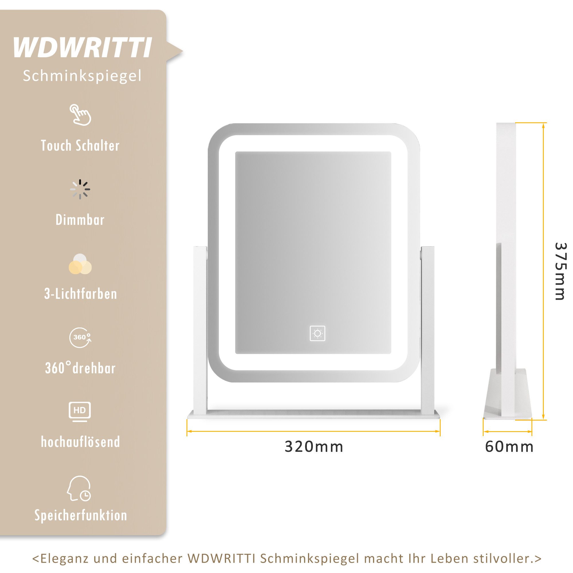 WDWRITTI Schminkspiegel mit Beleuchtung für tisch Kosmetikspiegel 3Lichtfarben Dimmbar Touch (Tischspiegel Rechteckig, mit LED, Touch), HD Kupfer- und bleifreier Spiegel, Stabile Standfuß