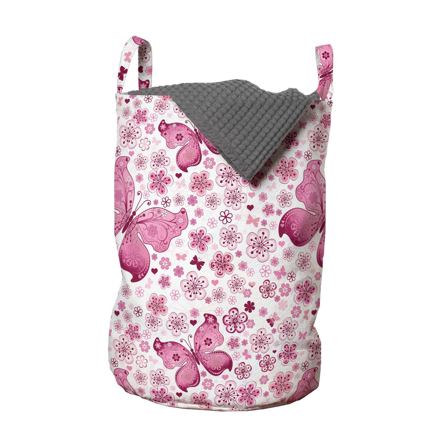 Abakuhaus Wäschesäckchen Wäschekorb mit Griffen Kordelzugverschluss für Waschsalons, Schmetterling Pinke Blumen