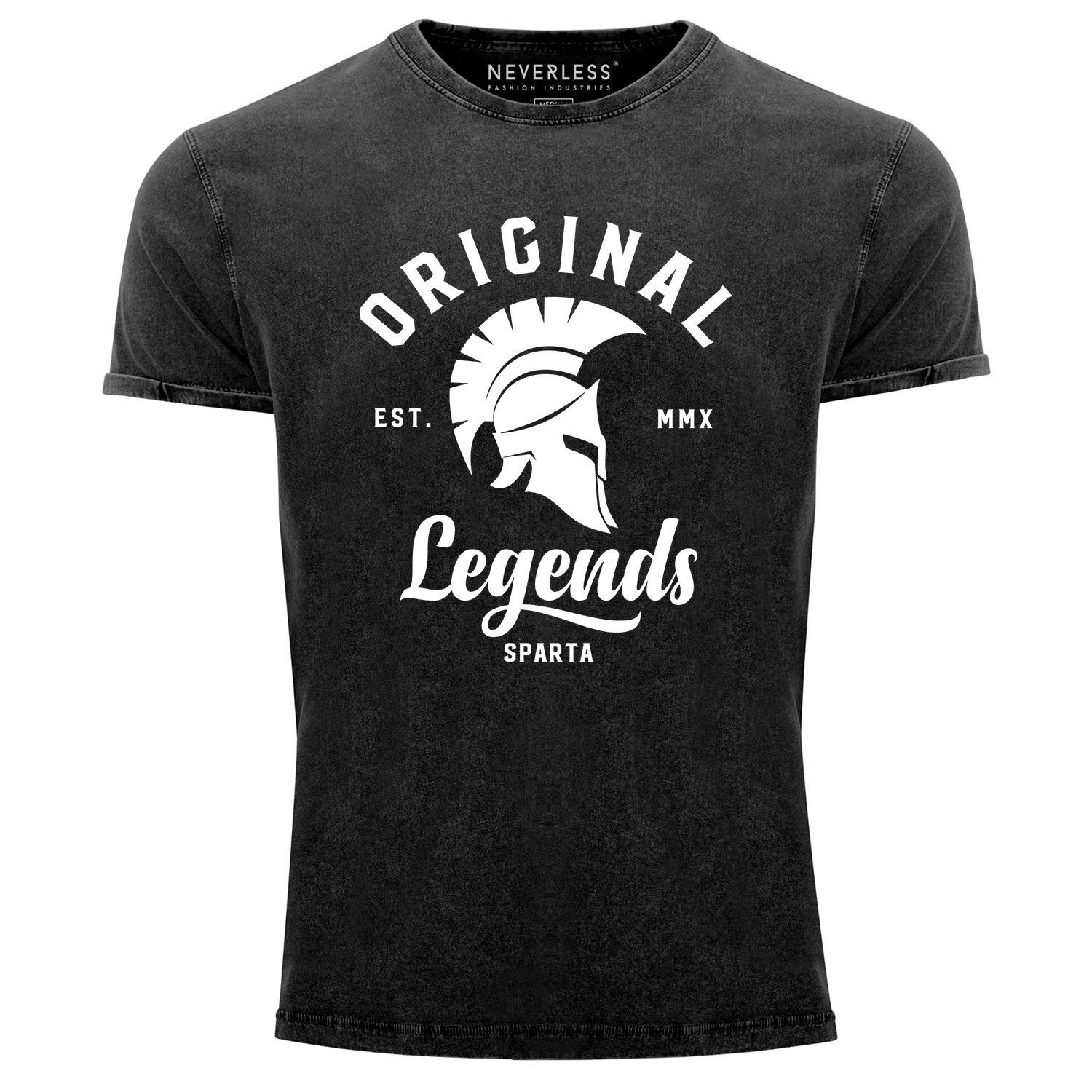 Neverless Print-Shirt Neverless® Herren T-Shirt Vintage Shirt Printshirt Original Legends Gladiator Sparta Aufdruck Used Look Slim Fit mit Print