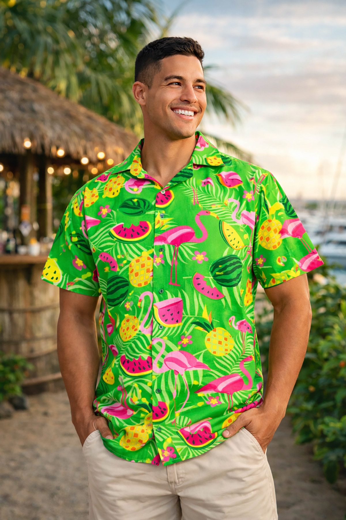 King Kameha Hawaiihemd "Flamingo Melone" Funky Hawaiihemd Herren Kurzarm Fronttasche Stylish
