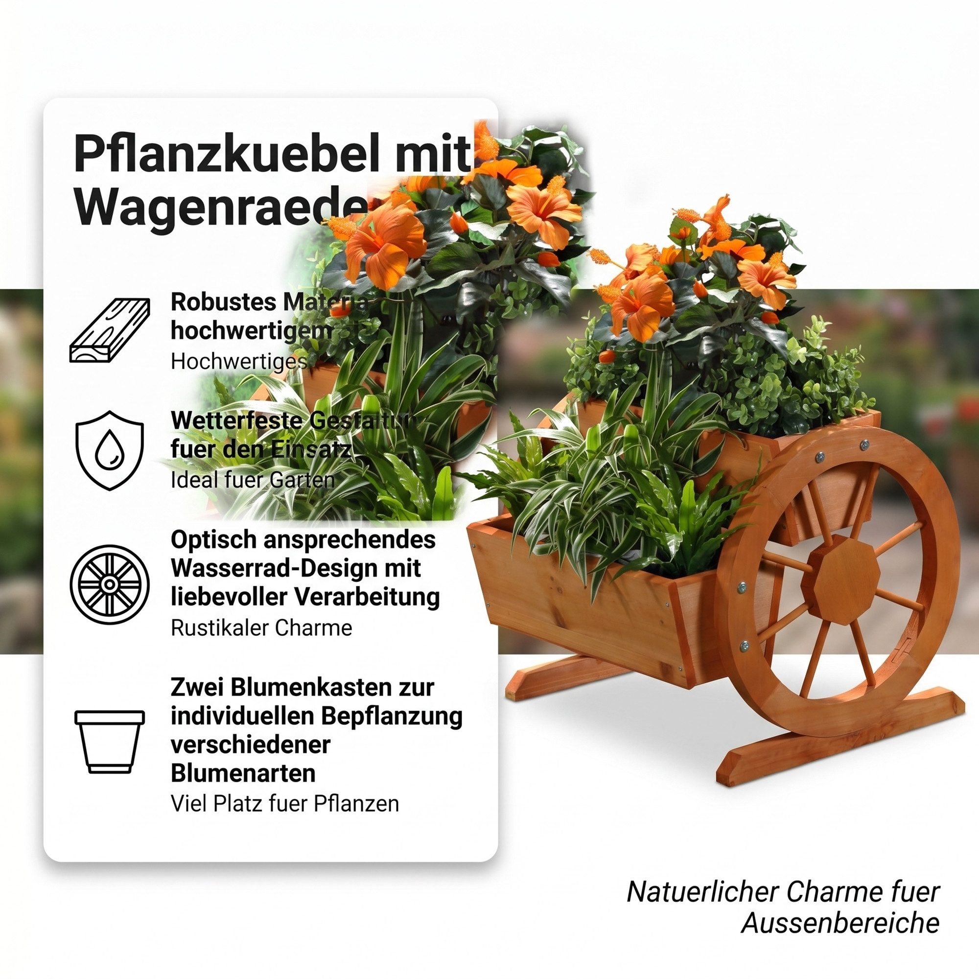 Mucola Pflanzkübel Pflanzkübel + Wagenräder Holz Garten Dekoration Blumentrog Holzkasten (Stück, 1 St., Pflanzkübel + Wagenräder), Zum Aufstellen auf dem Boden, einer Mauer oder einem Gartentisch