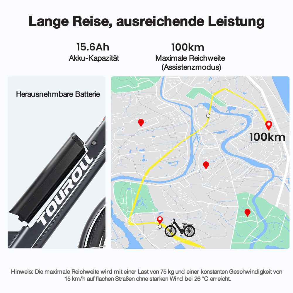 Touroll E-Bike J1 ST Trekkingrad mit 250-W-Motor, 27,5-Zoll-Rädern, 561,6 Wh Akku, 561,6 Wh, 100 km Reichweite, mechanische Scheibenbremse – Bild 4 von 5
