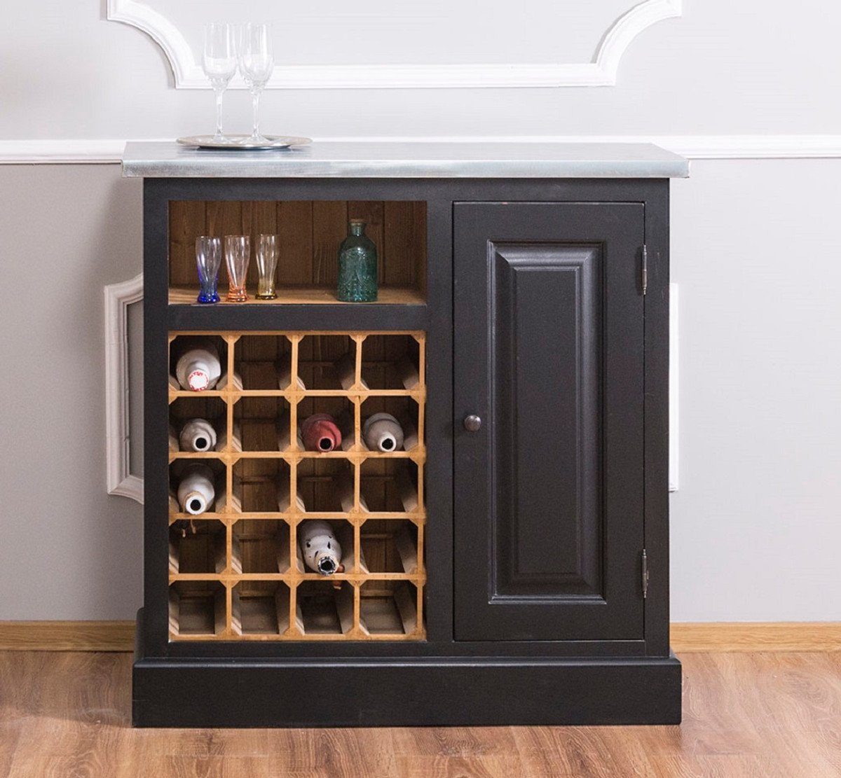 Weinschrank Landhausstil Weinschrank Schwarz / Naturfarben / Silber 90 x 41 x H. 90 cm - Weinschrank mit Tür und verzinkter Platte
