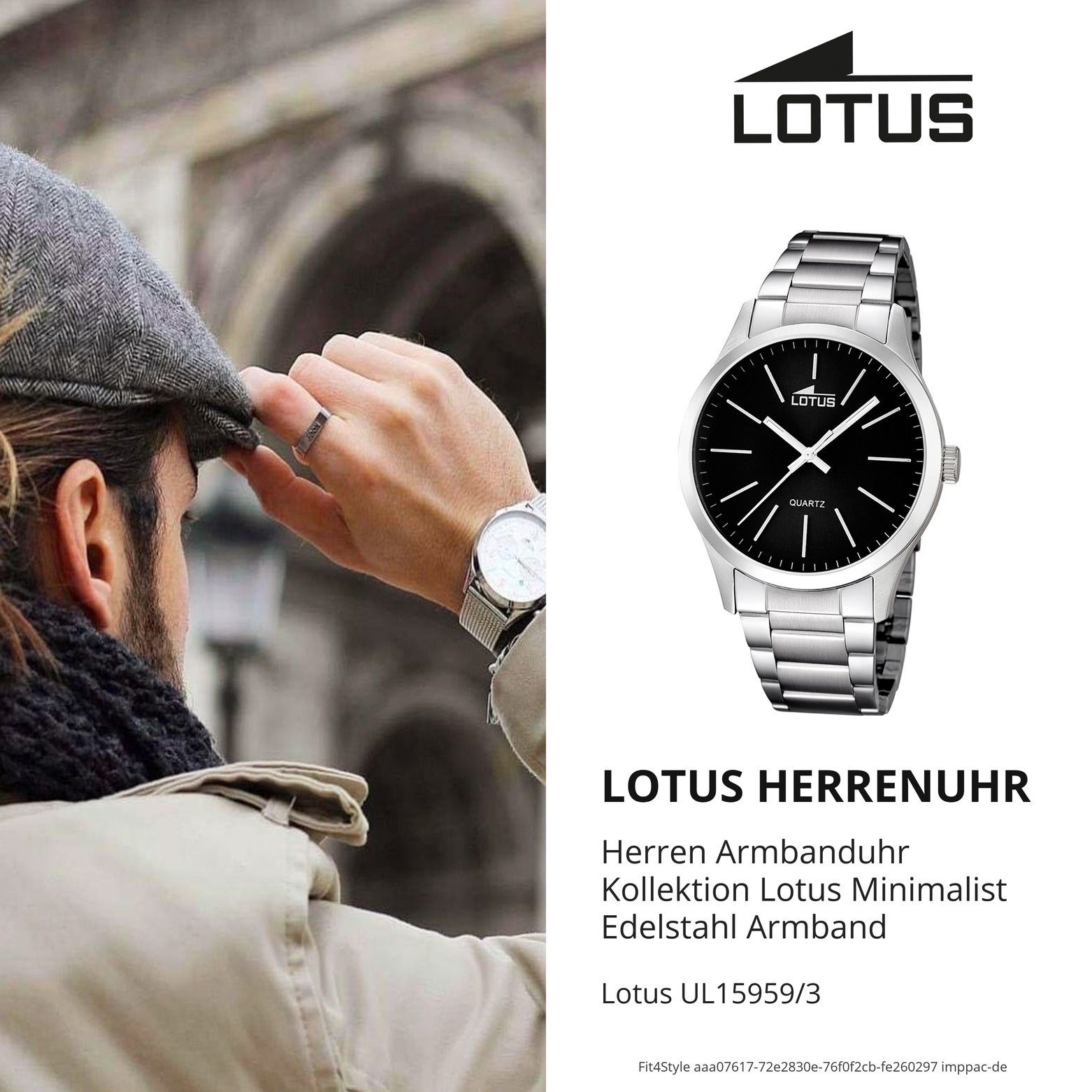 Lotus Quarzuhr Herren Armbanduhr silber Herren Uhr rund, Stahl, Casual Lotus Edelstahlarmband L15959/3