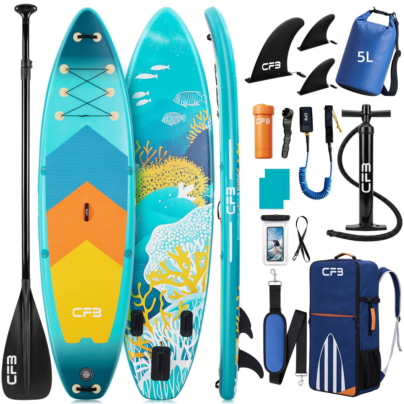 CFB SUP-Board XL 335x86x15 cm, extra breites Stand Up Paddle Board, aufblasbares iSUP, (Komplett-Set, mit Paddel, Pumpe, Rucksack, Leash, Dry Bag, Handyhülle & Schultergurt), 200 kg Traglast, für Anfänger & Erwachsene