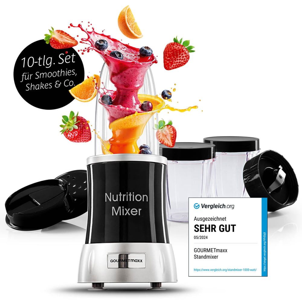 GOURMETmaxx Standmixer Smoothie Maker & Standmixer 11tlg. Set - 1000W & 22.000 U/min, 1000 W, Elektrischer Миксер 700ml, Blender inkl. To-Go Becher & 2 Klingen