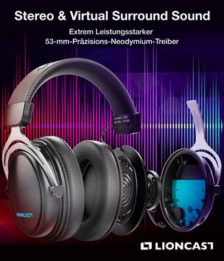 Lioncast LX80 WIRELESS GAMING HEADSET Gaming-Headset (Kabellos, Bluetooth, 80 Stunden Akku, Soundqualität)