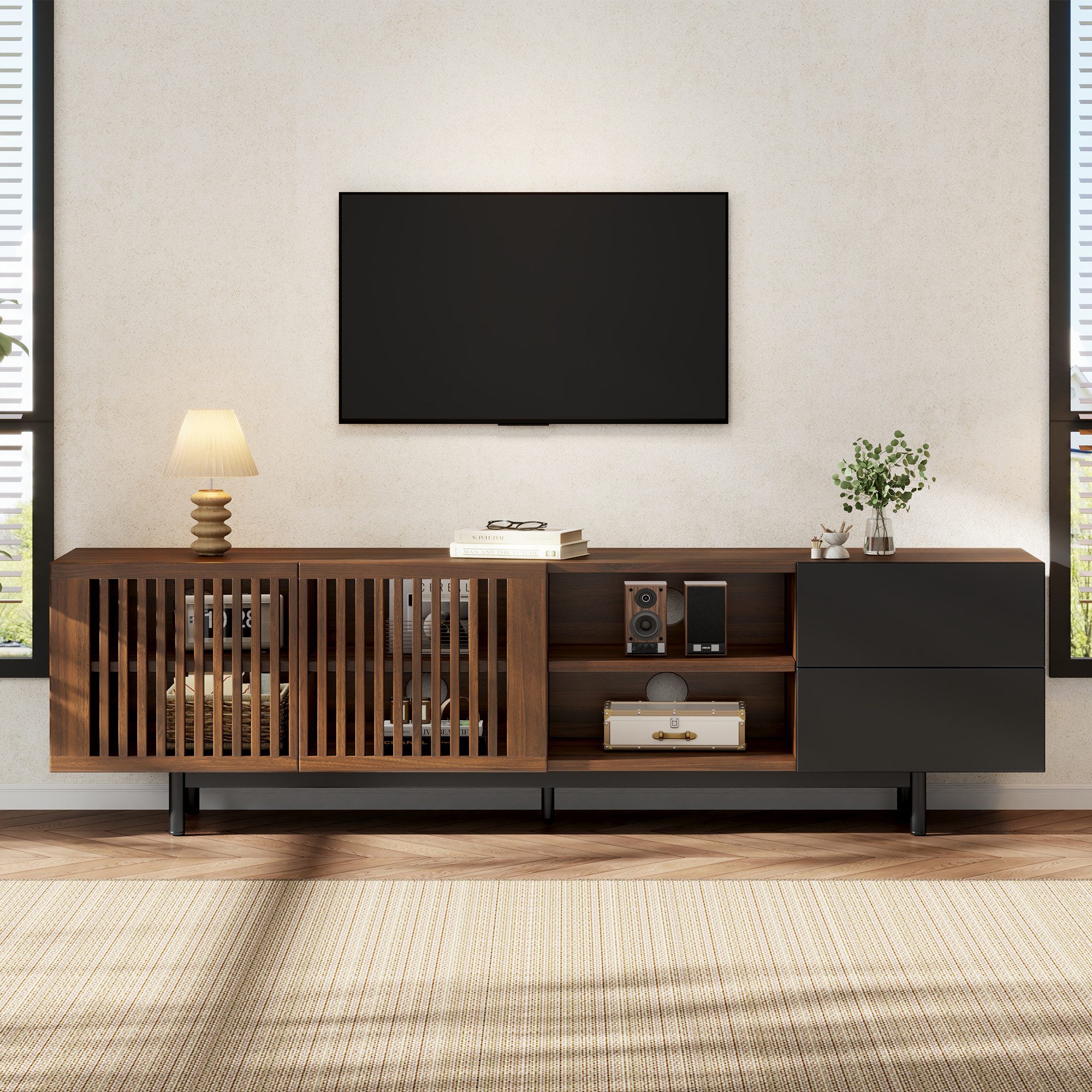 Merax Lowboard mit 2 Lamellentüren, 2 Schubladen und offenen Ablagen (160 L x 38 B x 50 H cm, 1 St), Wohnzimmermöbel TV-Schrank Walnuss-Schwarz-Design & Kabelmanagement