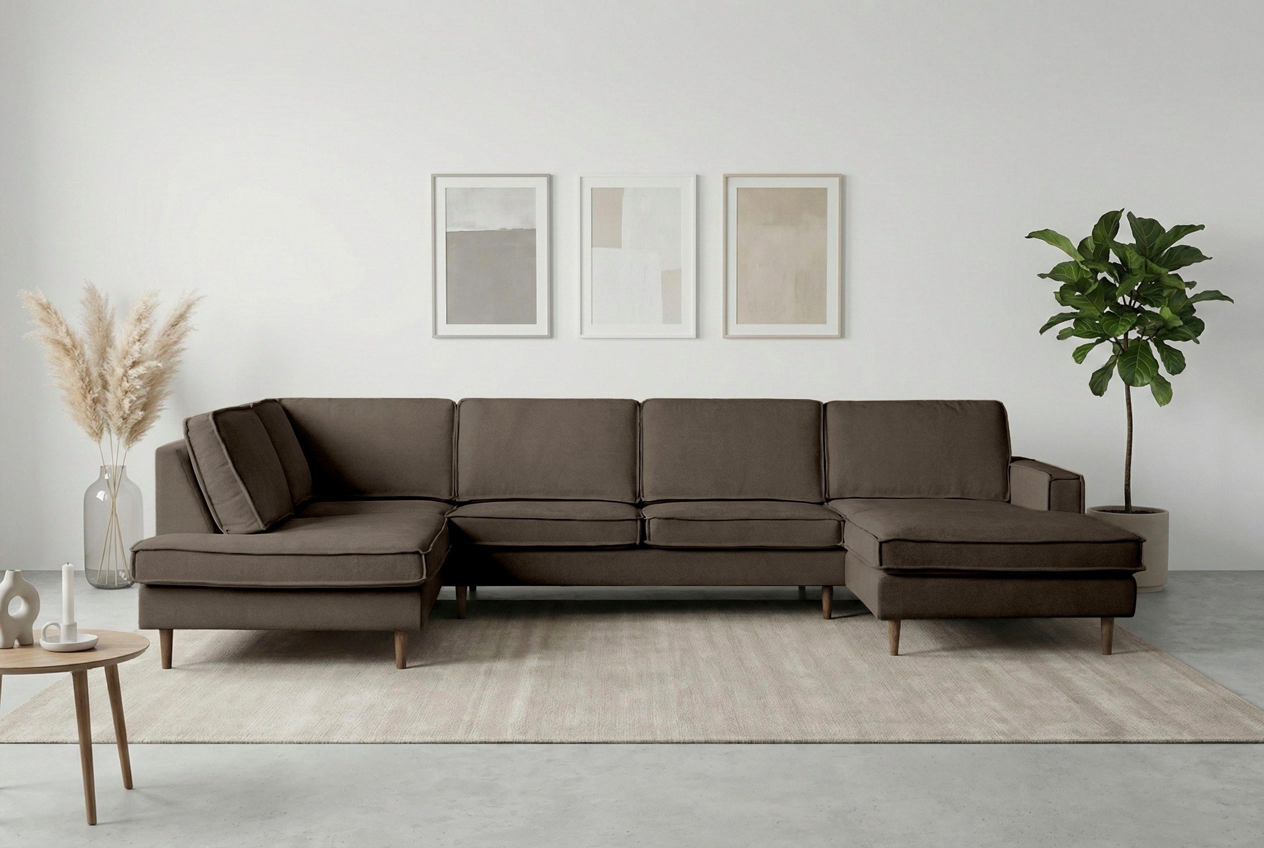 Home affaire Wohnlandschaft Pinto Skandi, 350 cm, U-Form, XXL, mit Ottomanen, mit Keder, Massivholzfüße Eiche geräuchert, Wellenunterfederung