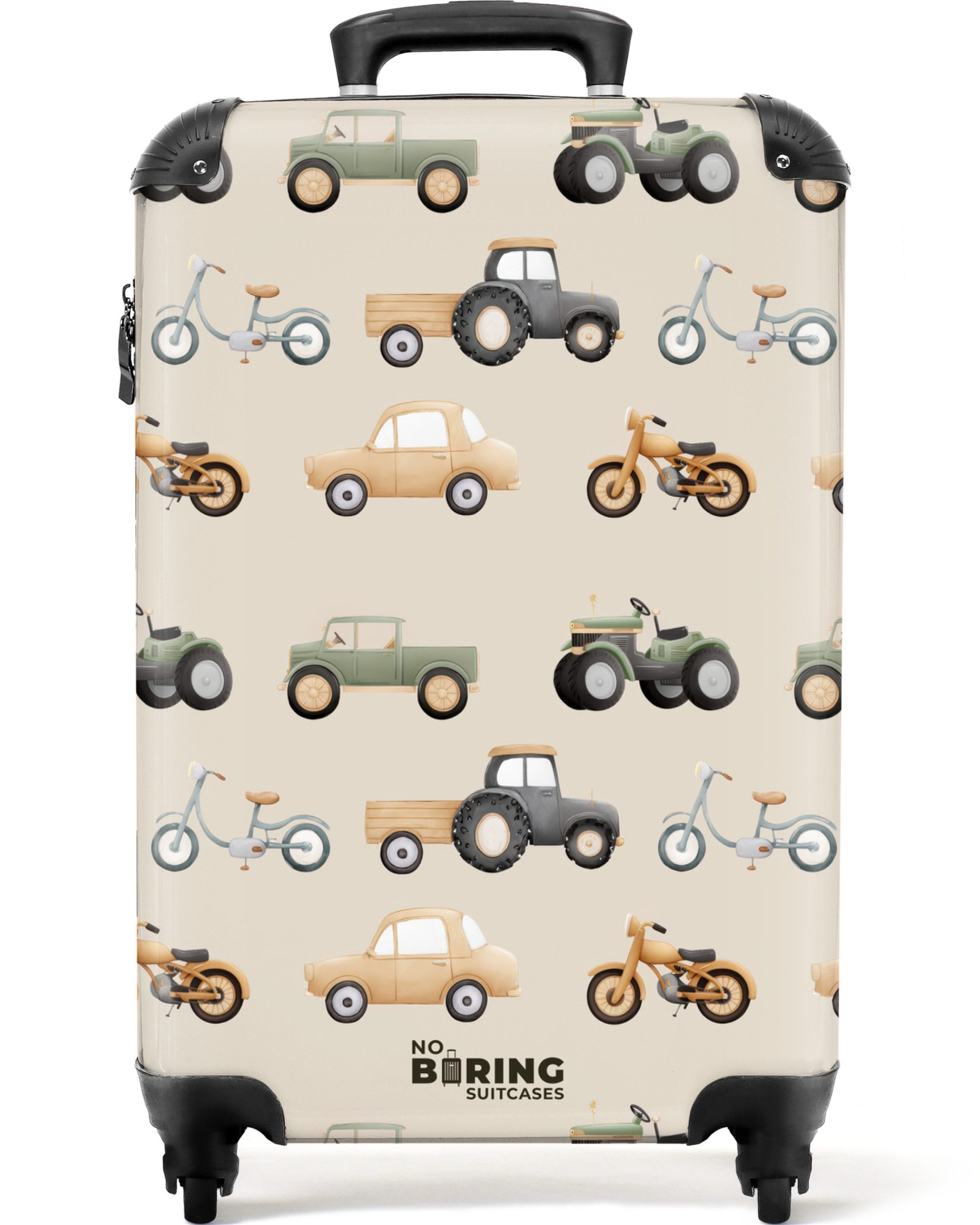 NoBoringSuitcases.com© Kinderkoffer Retro-Fahrzeugmuster 55x35x20cm, 4 Rollen, Handgepäck Koffer, Hartschalenkoffer Kinder, Reisekoffer Jungen