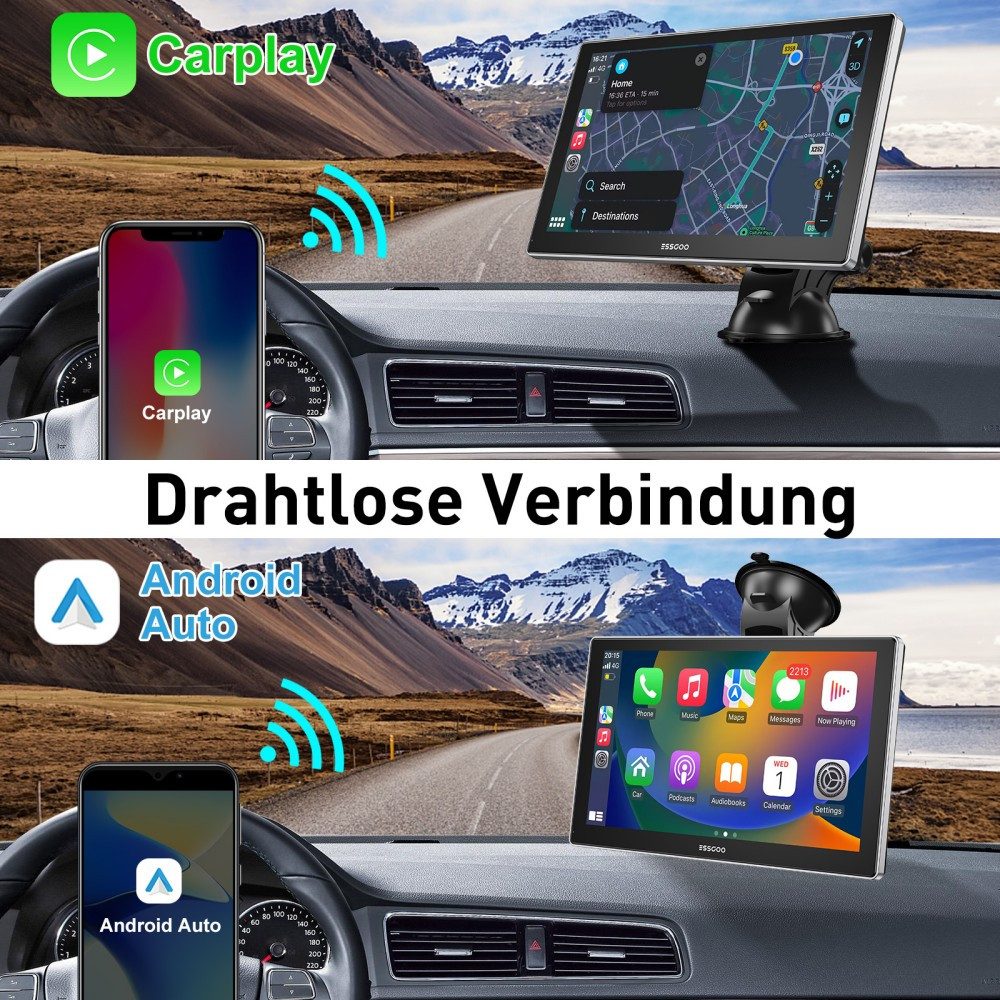 9" IPS Touchscreen Tragbares Drahtloses CarPlay Android Auto Autoradio Einbau-Navigationsgerät