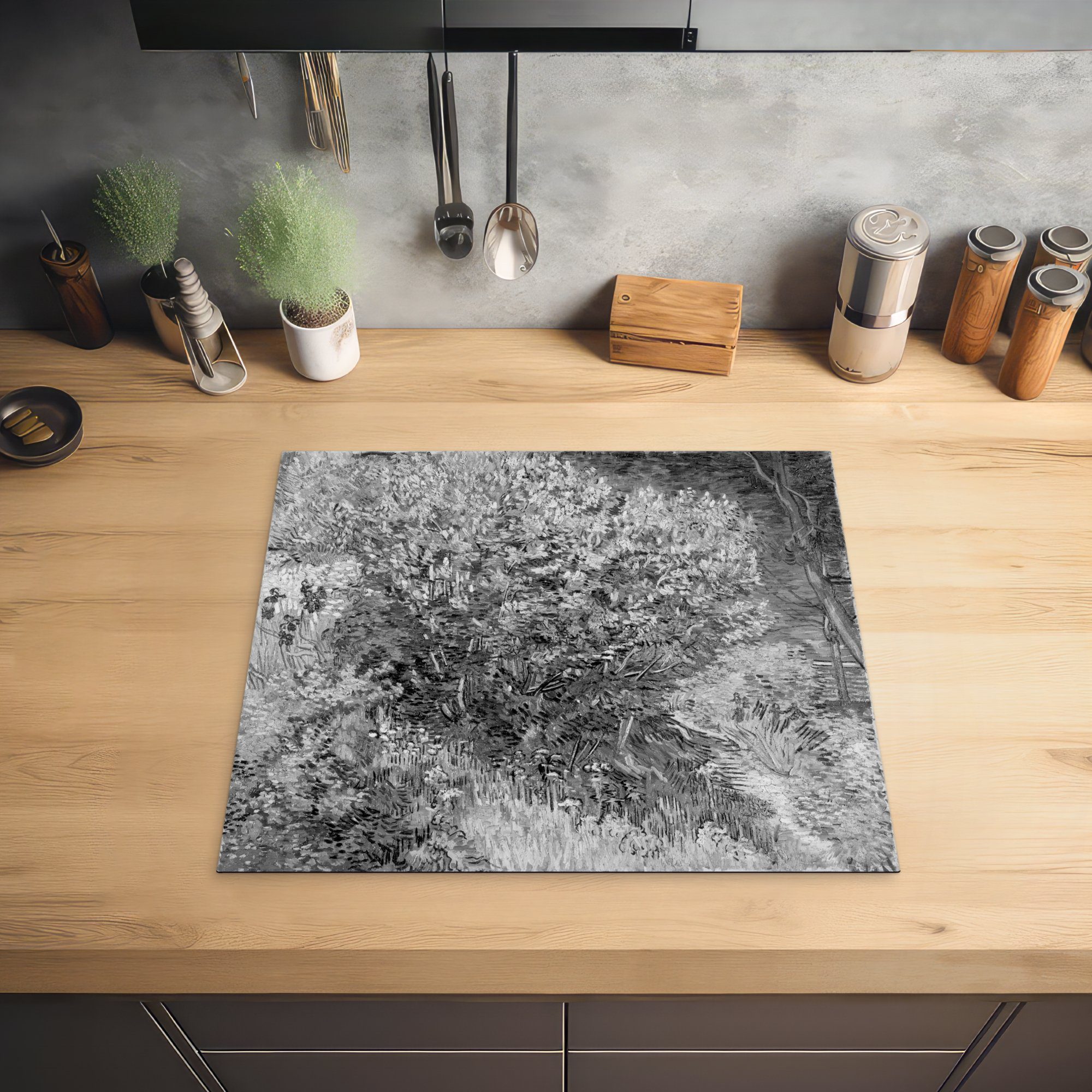 - - Schwarz für die küche, Fliederbusch van Induktionsmatte Herdblende-/Abdeckplatte Gogh (1 59x52 cm, Vincent Weiß, Ceranfeldabdeckung - Vinyl, tlg), MuchoWow