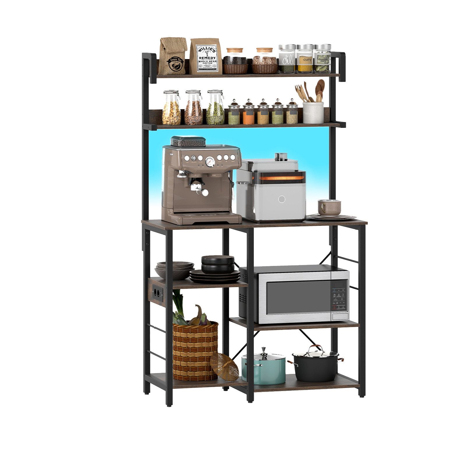 COSTWAY Küchenregal, Standregal mit LED-Beleuchtung & Steckdosen, 40,5 cm