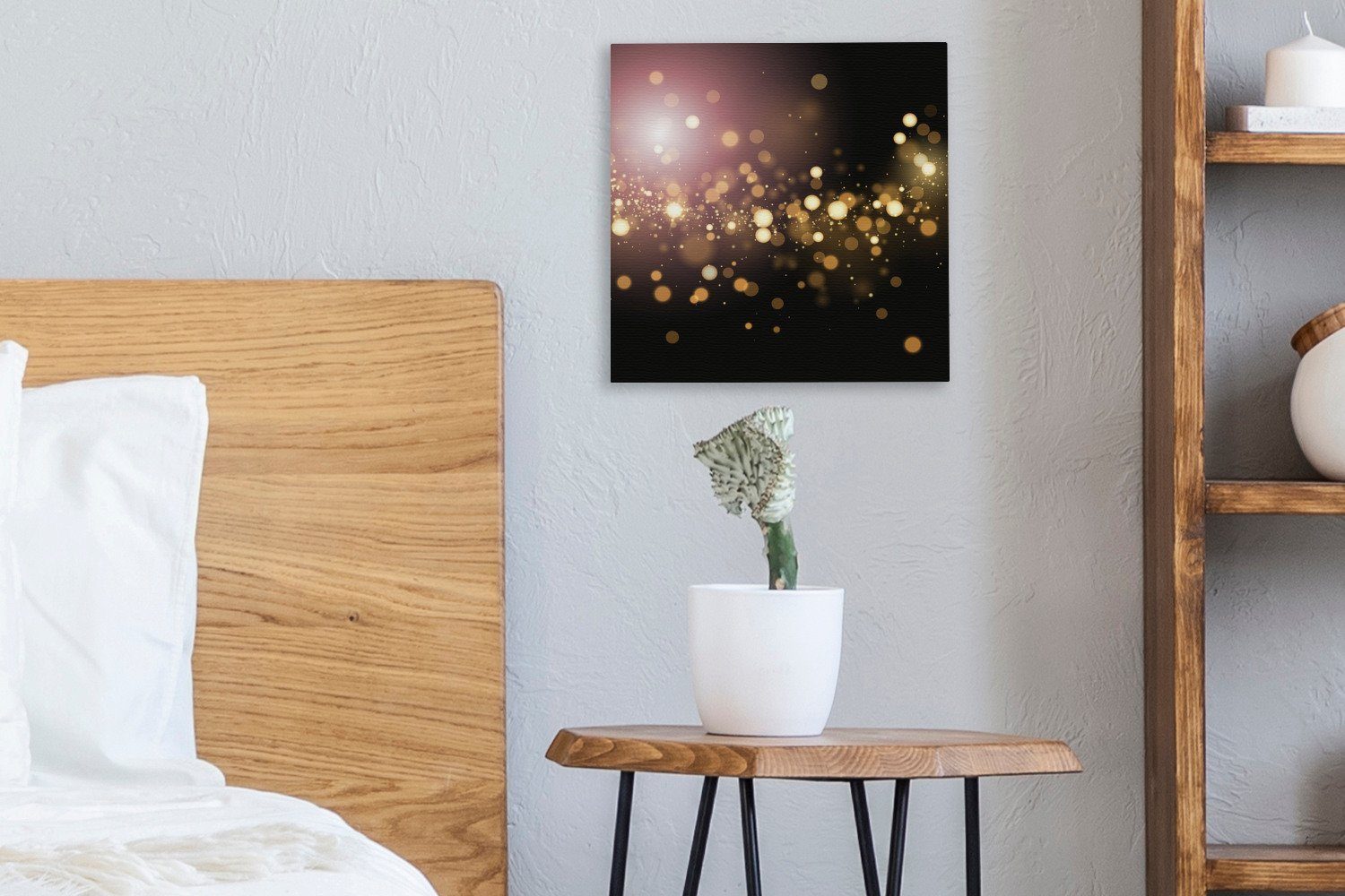 OneMillionCanvasses® Leinwandbild Lichteffektkugeln mit goldenem Schlafzimmer Schimmer, Bilder Leinwand (1 St), Wohnzimmer für