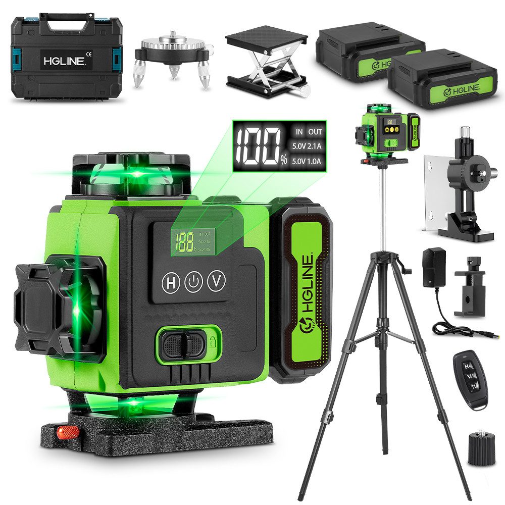 HGLINE Laserwasserwaage 4D 16 Linien Lasernivellier, 360° selbstnivellierender Laser Level, mit Stativ und 2x4800mAh Akkus