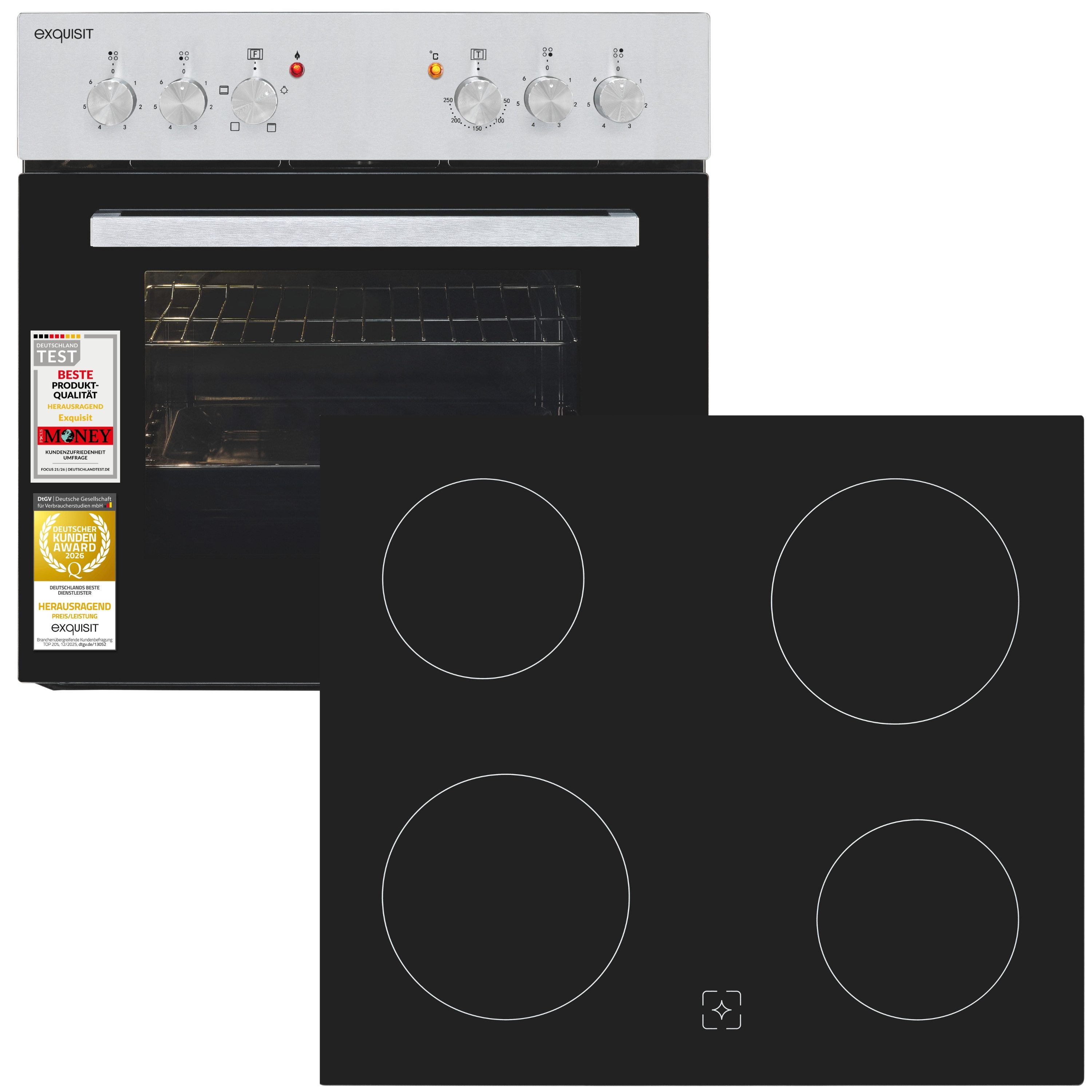 exquisit Backofen-Set EHE146-120 Set inox, Ober&Unterhitze mit 4-Zonen-Glaskeramikkochfeld – einfach & sicher!