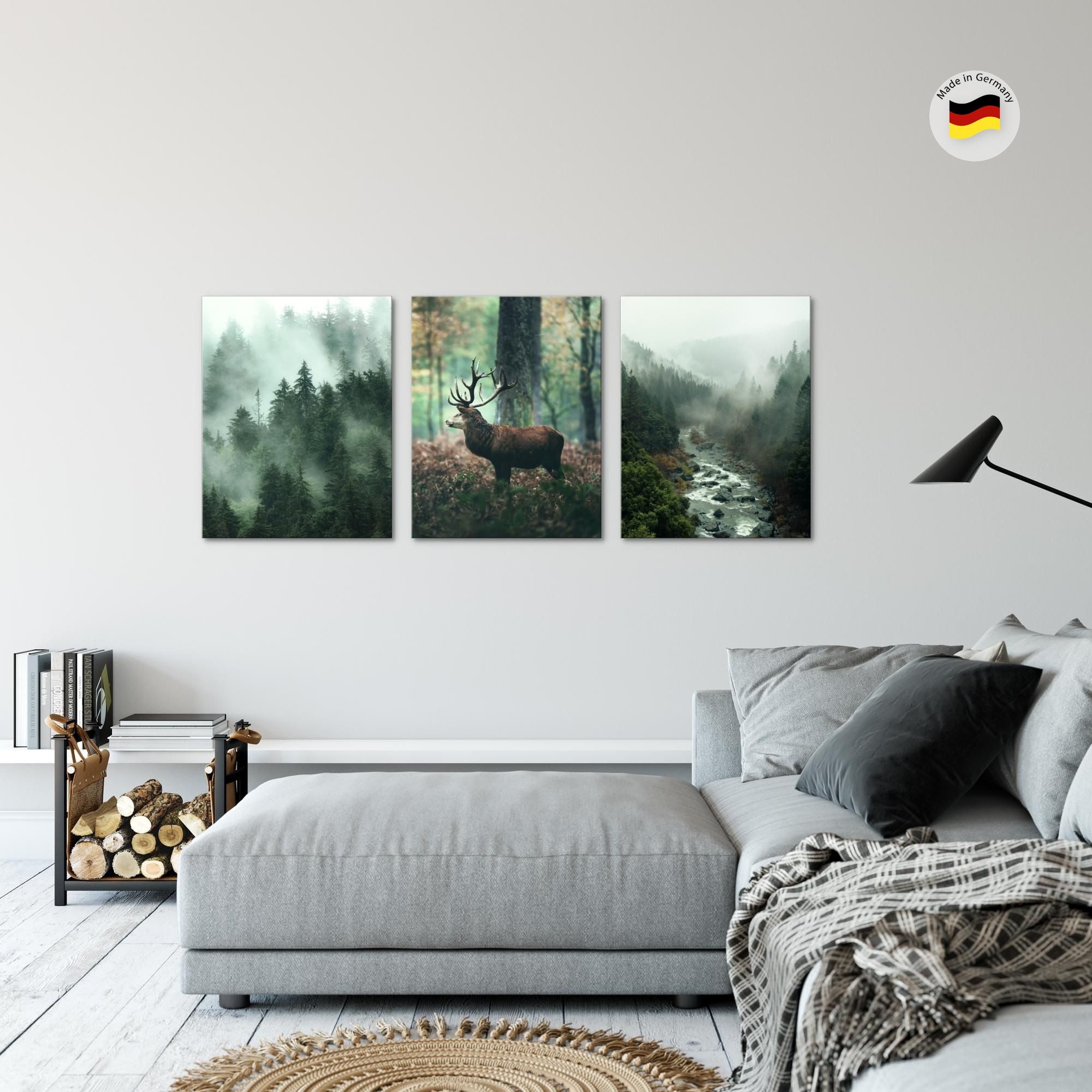 Novart Wandbild Wald Natur Bilder Set 3 Teilig Wohnzimmer Schlafzimmer Deko, Hirsch