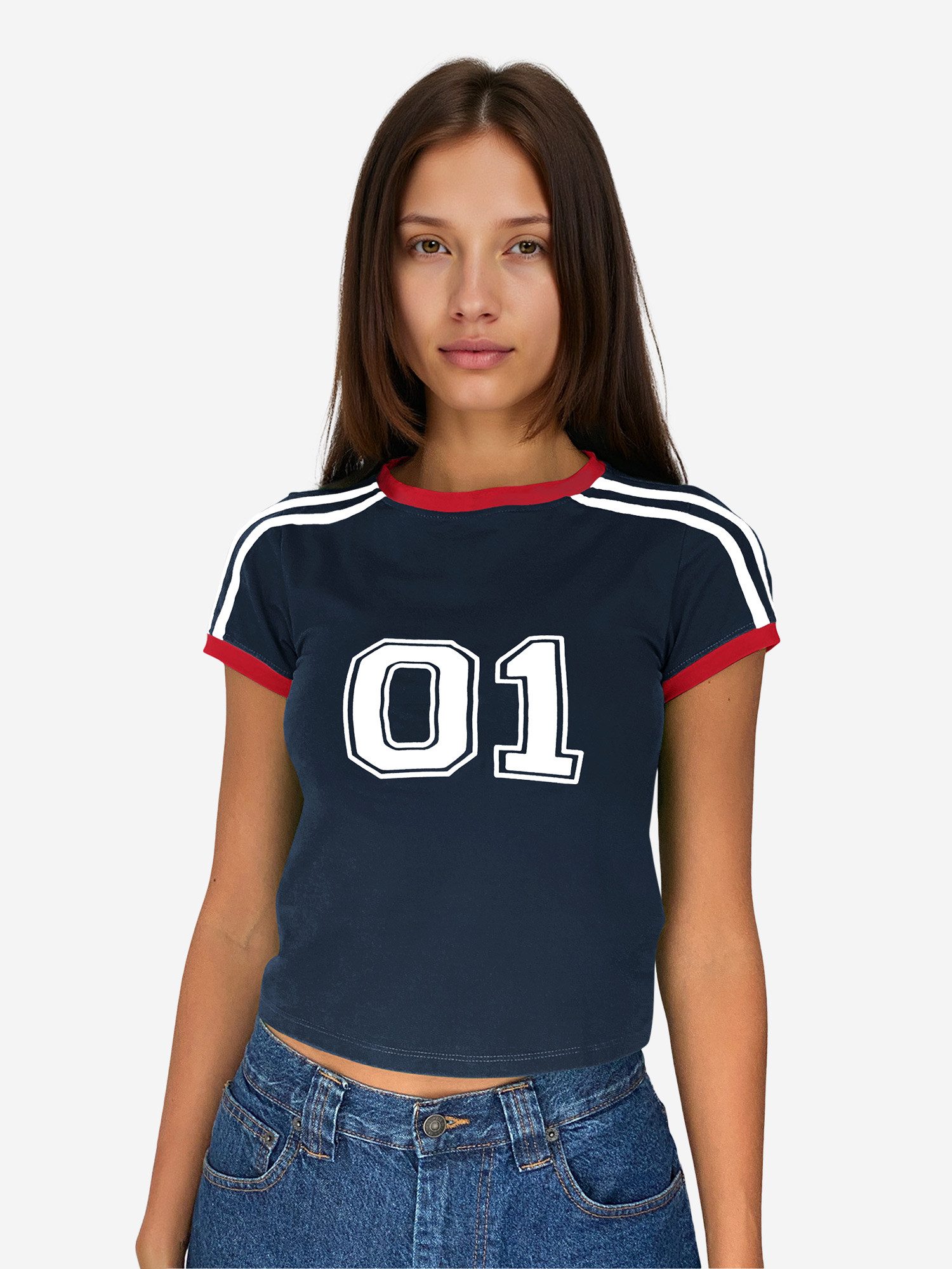 Imily Bela Print-Shirt Damen Sommer Cropped Kurzarm Y2k Kontraststreifen (Packung, 1-tlg., 1per-Pack) mit Rundhalsausschnitt Druck