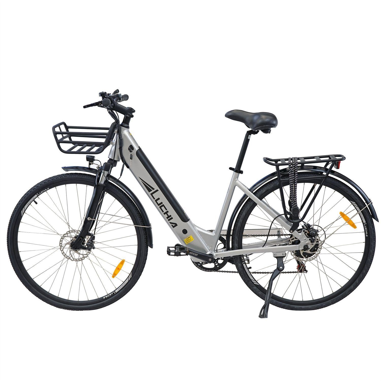 Fangqi E-Bike 28" E-Tourenrad Rennrad 250W 36V 10Ah (360Wh) SHIMANO 6-Gang, 250W Heckmotor, (1.5Zoll-LCD-Display, 6km/h Gehunterstützungsmodus, Servounterstützung/Pedalmodus, 25km/h, max. 55-65km, Tragfähigkeit 120kg), LED-Scheinwerfer, Frontkorb, Gepäckträger SILBER