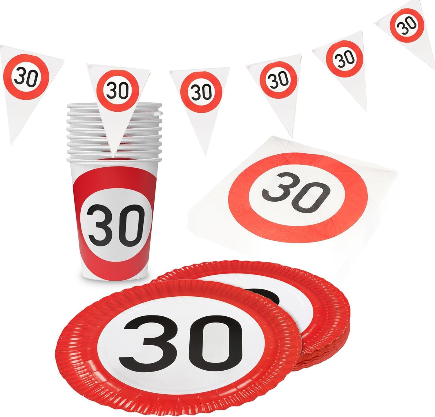 Party Factory Geschirr-Set Happy Birthday Verkehrsschilder 30 zum 30-sten Geburtstag, 8 Personen, mit Wimpelkette Verkehrsschild-Design