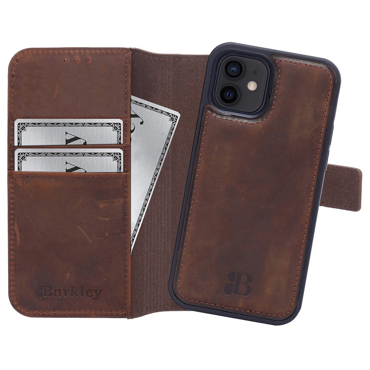 Burkley Handytasche iPhone 12 Mini Handytasche mit modularem Back Case (1-tlg., Book Case Lederhülle mit Kartenfach und Magnetverschluss), herausnehmbare Innenhülle, Kartenfächer, Kick-Stand
